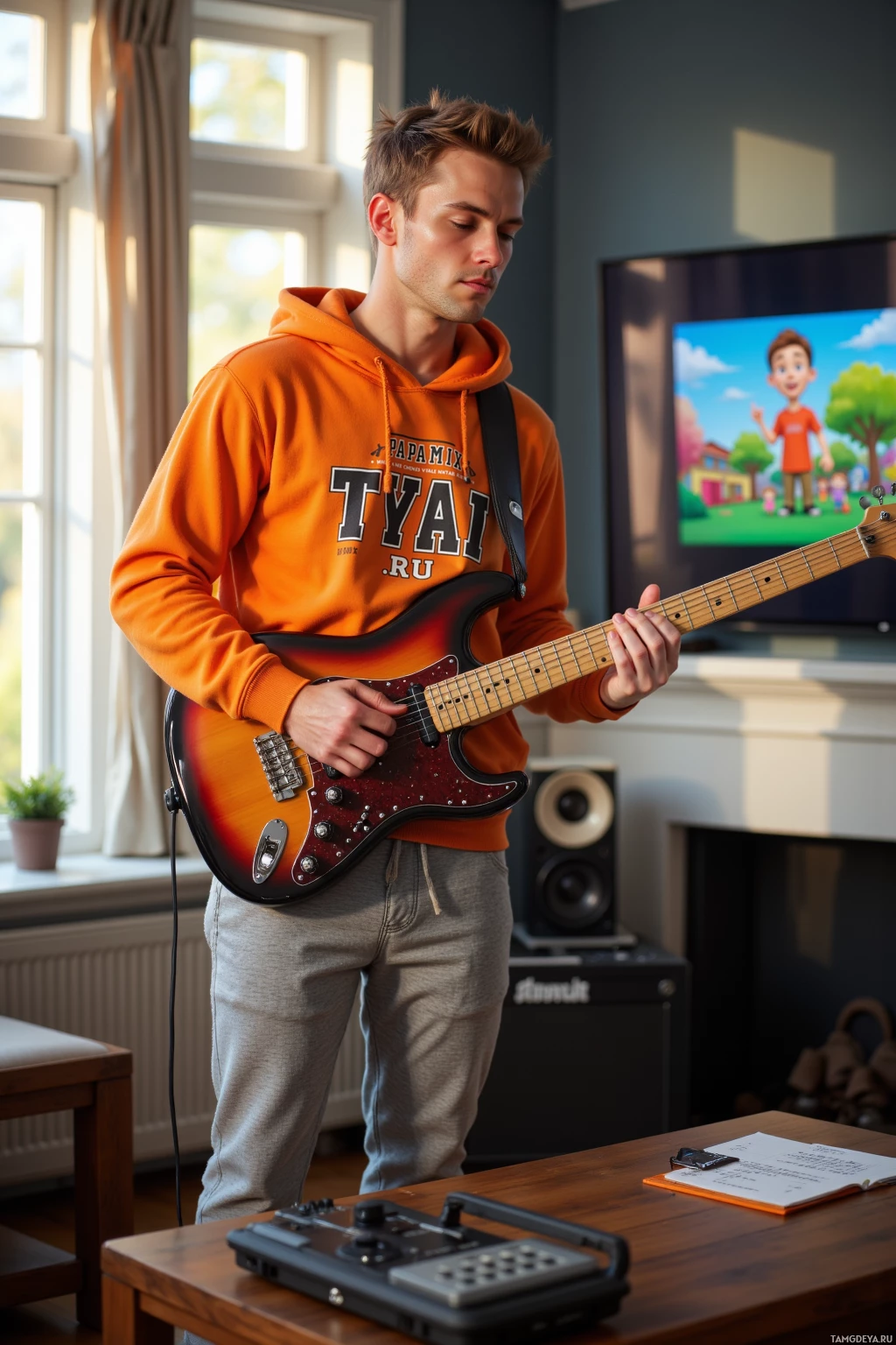 В уютной комнате, на фоне телевизора и колонки, человек в оранжевом худи играет на электрогитаре.