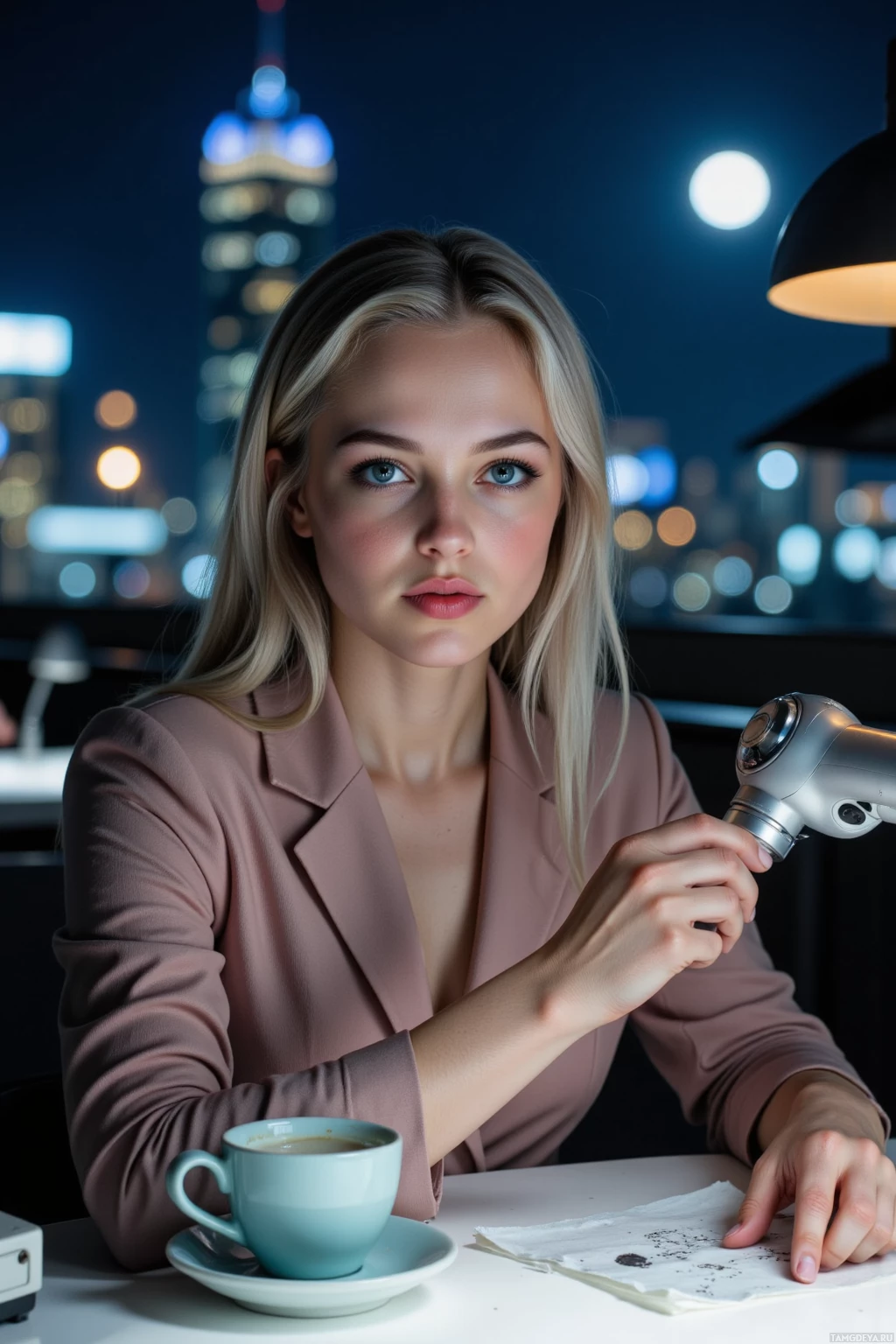 Женщина в розовом блейзере сидит за столом с чашкой кофе на фоне городского пейзажа.