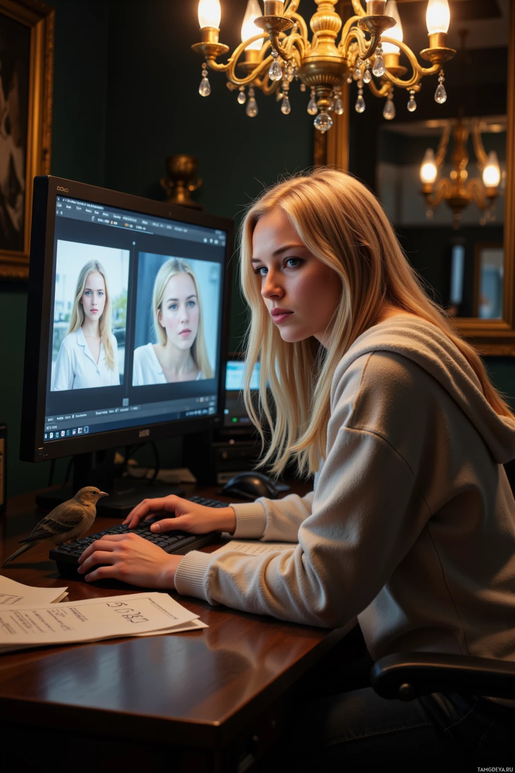 Человек работает за столом, на мониторе компьютера открыт интерфейс программы для обработки изображений.