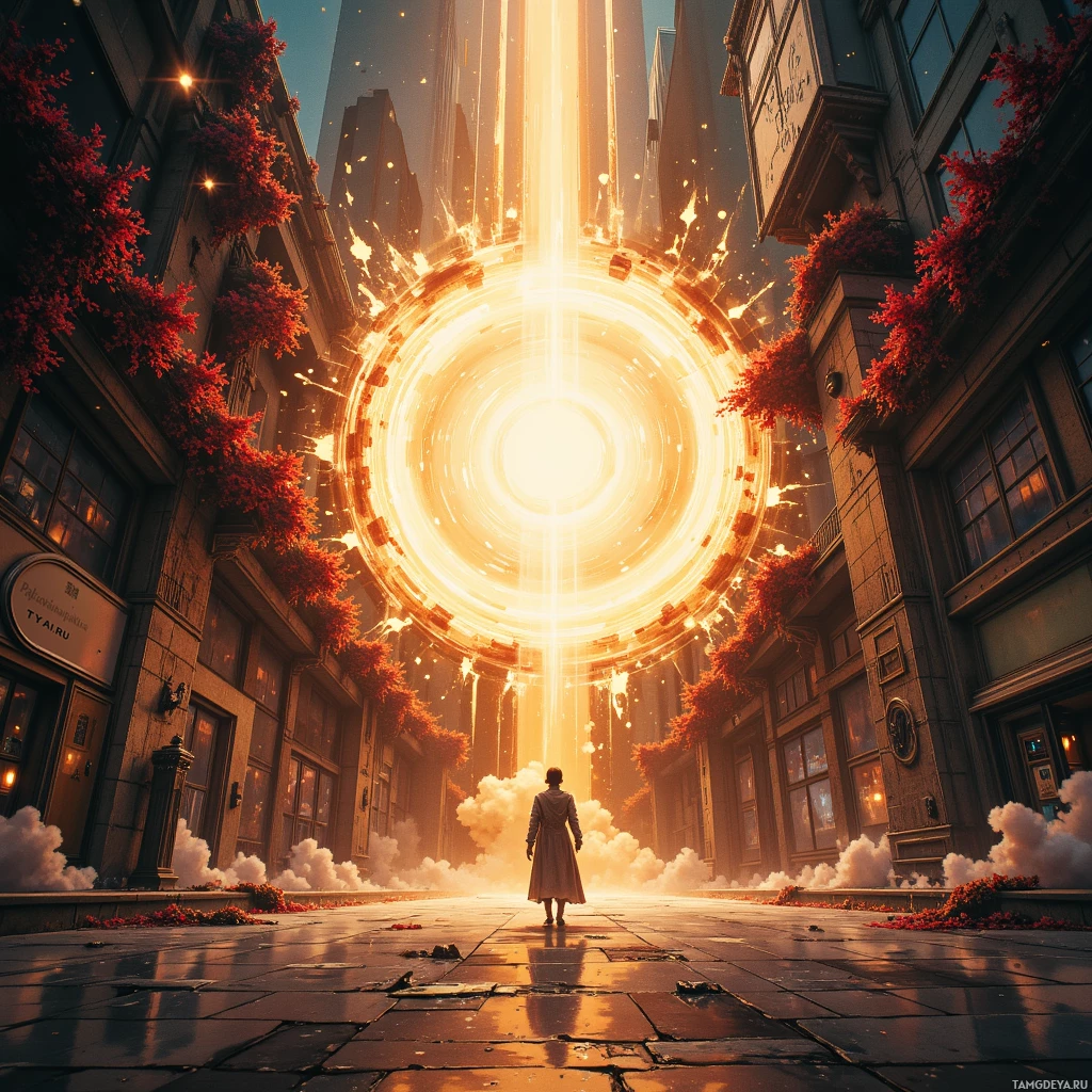 Человек стоит у входа в величественный, подсвеченный арочный проход, окруженный высокими зданиями и багряной листвой.