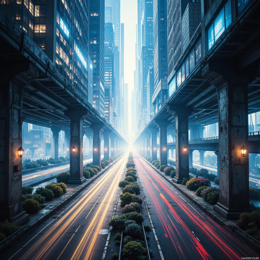 Панорама города с высокими зданиями, освещенными улицами и световыми полосами от проезжающих машин.