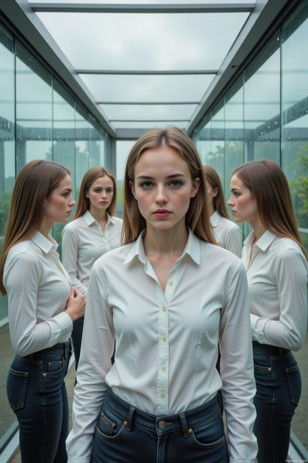 Группа женщин в белых рубашках и джинсах стоит в коридоре, окружённом стеклянными стенами.
