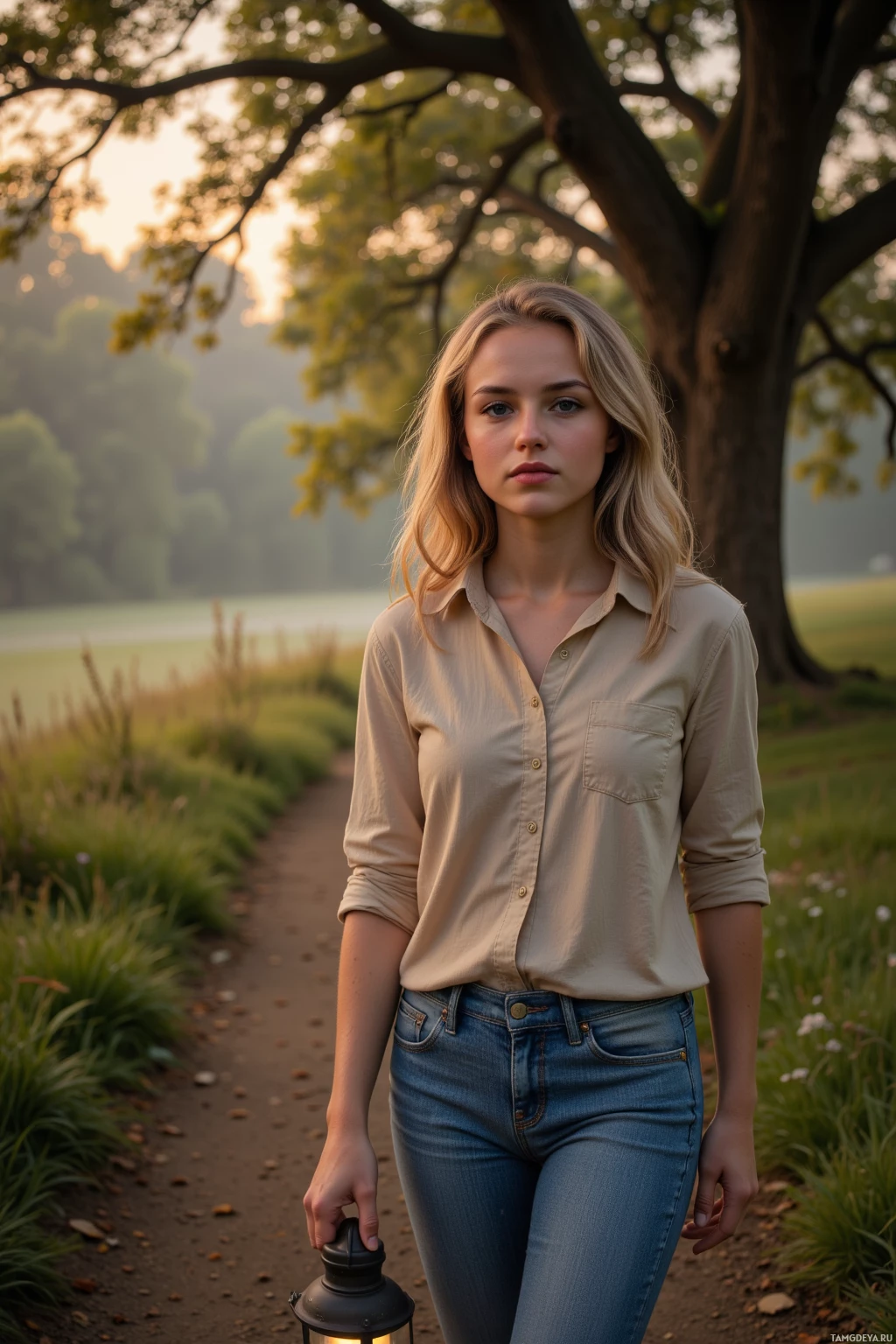 Женщина идёт по аллее в парке, держа в руках фонарь.