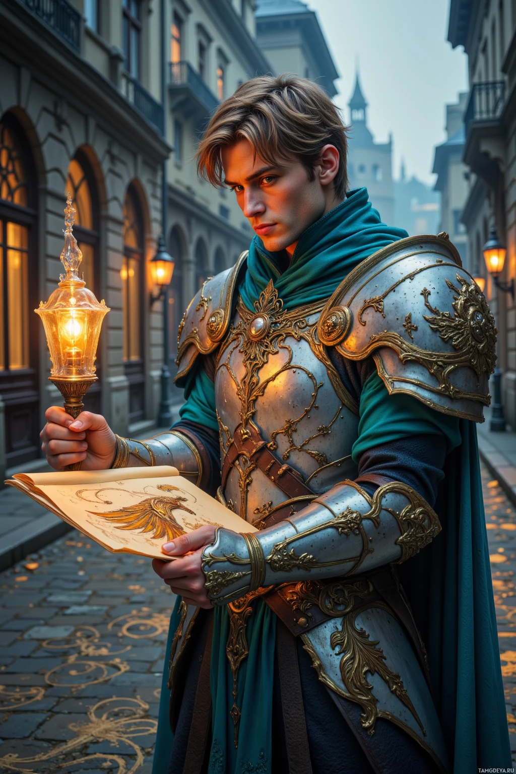 Человек в богато украшенных доспехах держит светящийся фонарь и открытую книгу с детальной иллюстрацией.