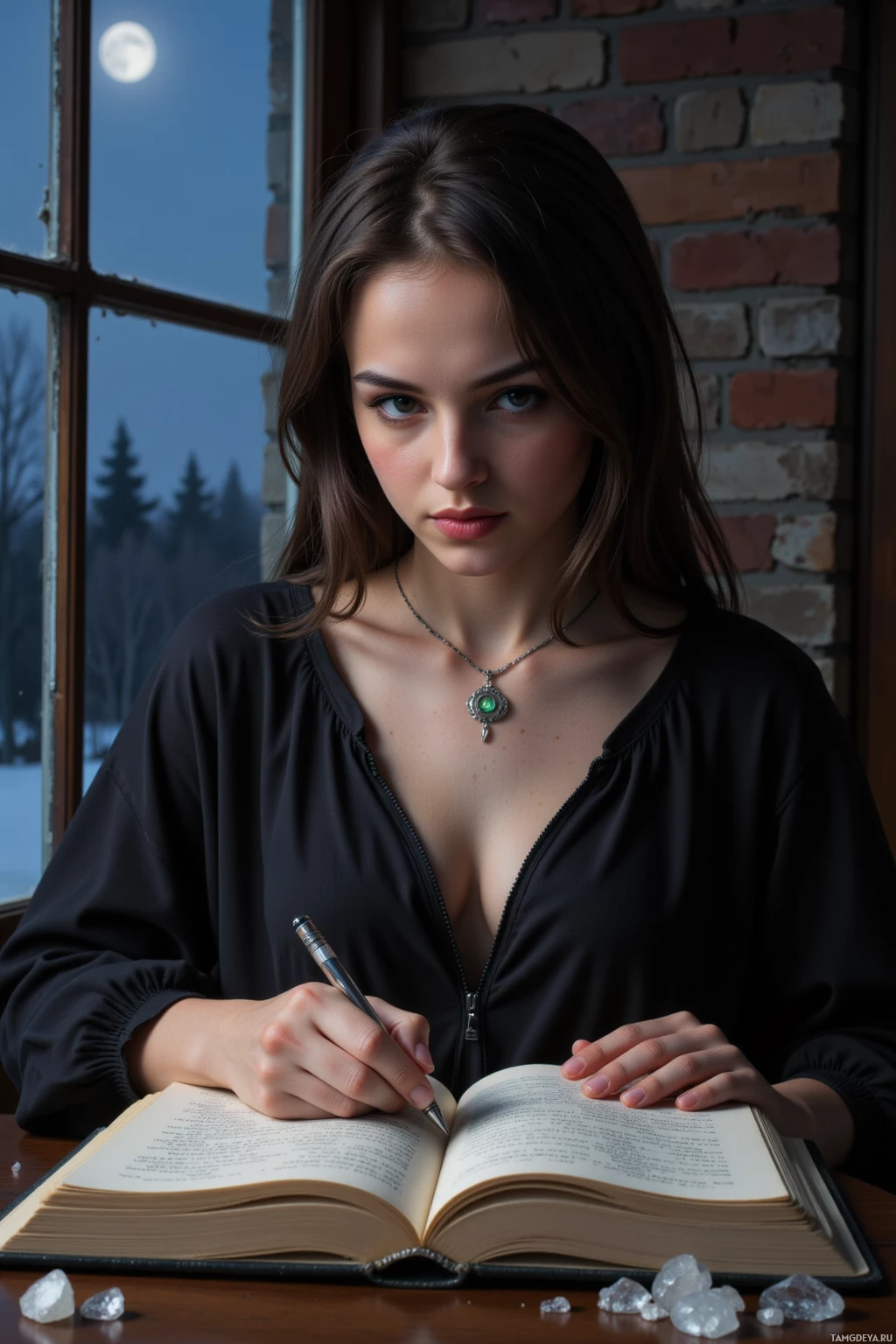 У окна за столом сидит женщина и пишет ручкой в книге.