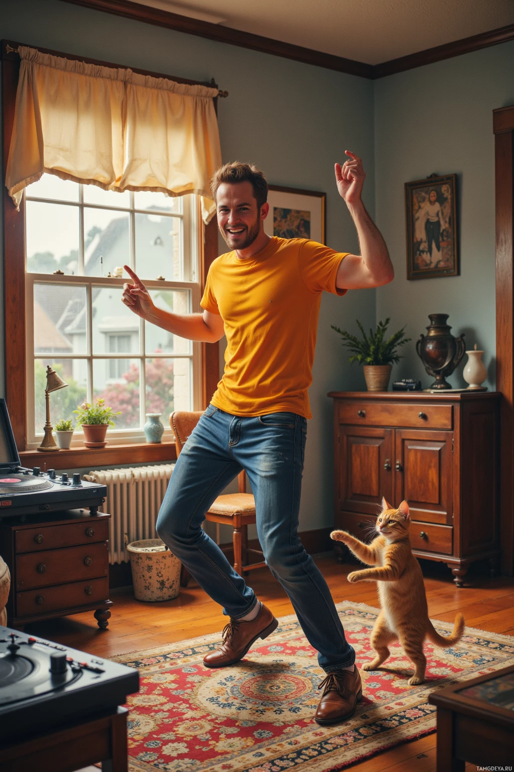 Мужчина радостно танцует в уютной комнате, рядом с ним на задних лапах стоит кошка.