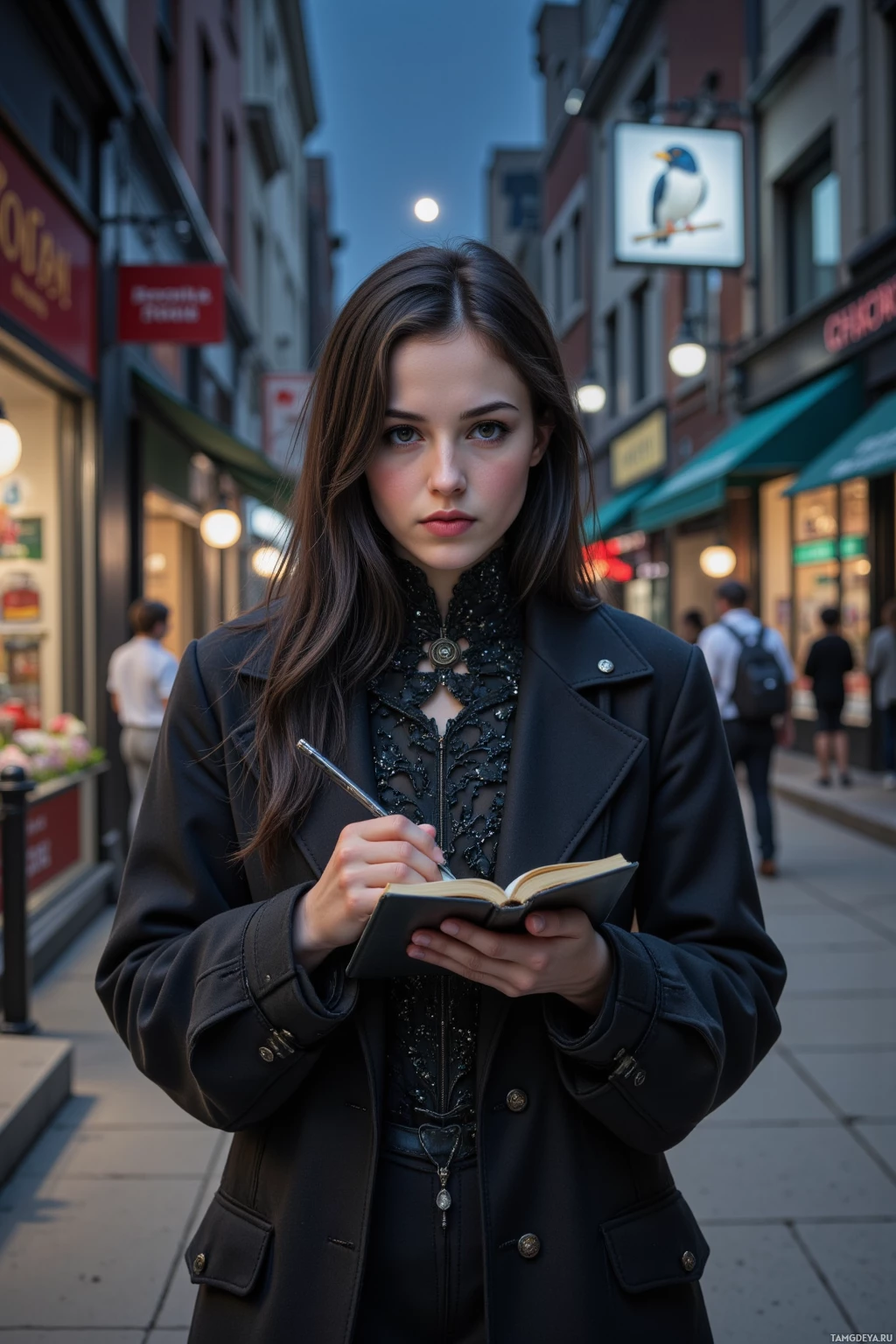 Женщина в черном пальто пишет в блокноте на городской улице.