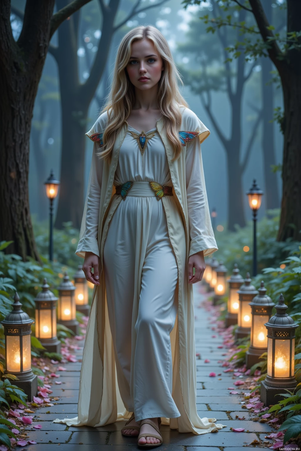 В туманном лесу женщина в развевающейся белой одежде стоит на тропинке, освещенной светящимися фонарями.
