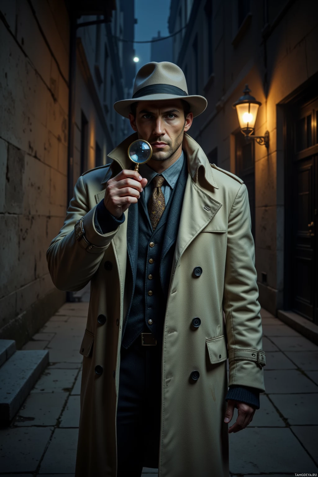 Мужчина в плаще и федоре стоит в полумраке переулка, держа в руках лупу.