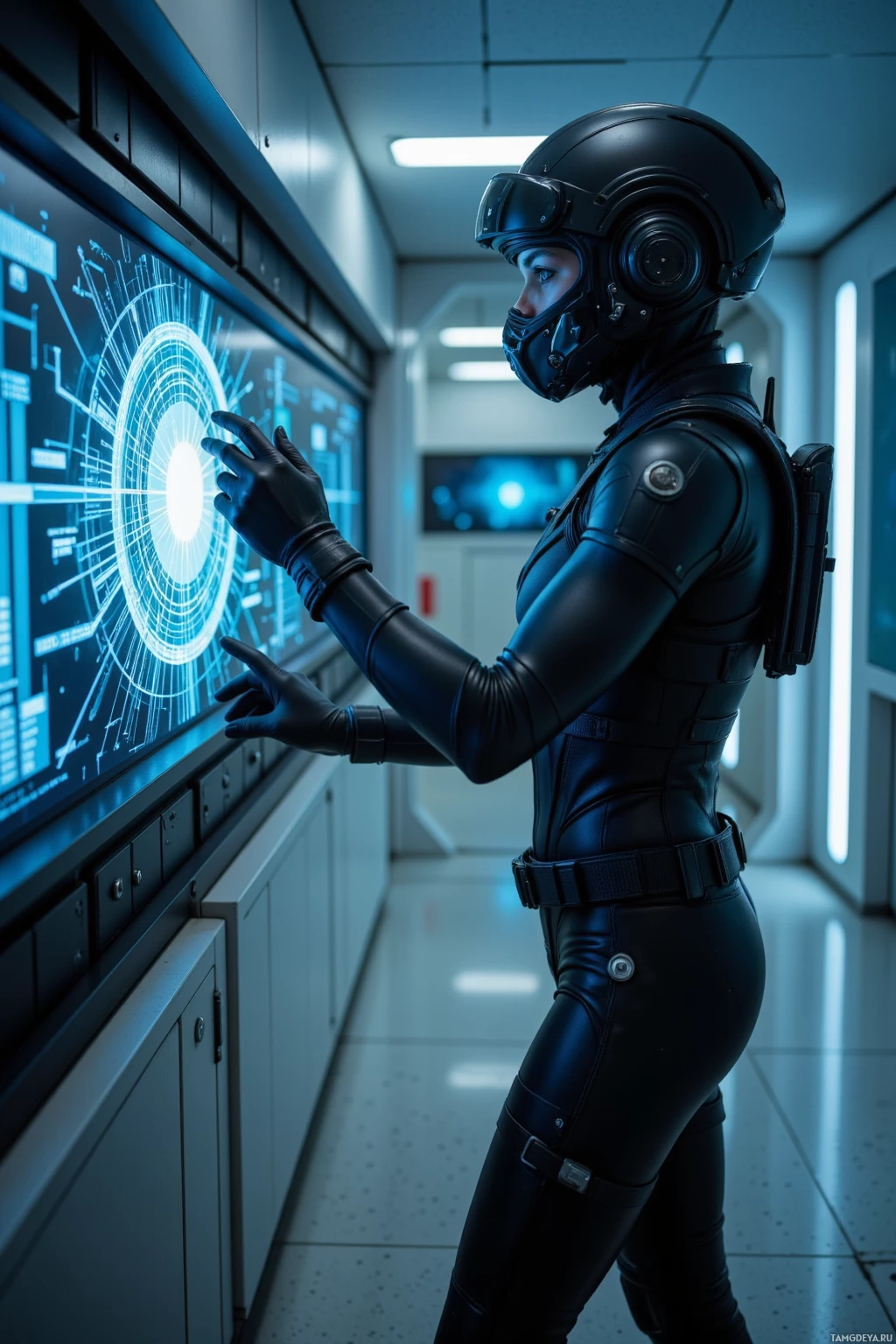 Человек в футуристичном черном костюме и шлеме взаимодействует с большой светящейся панелью управления в высокотехнологичной обстановке.