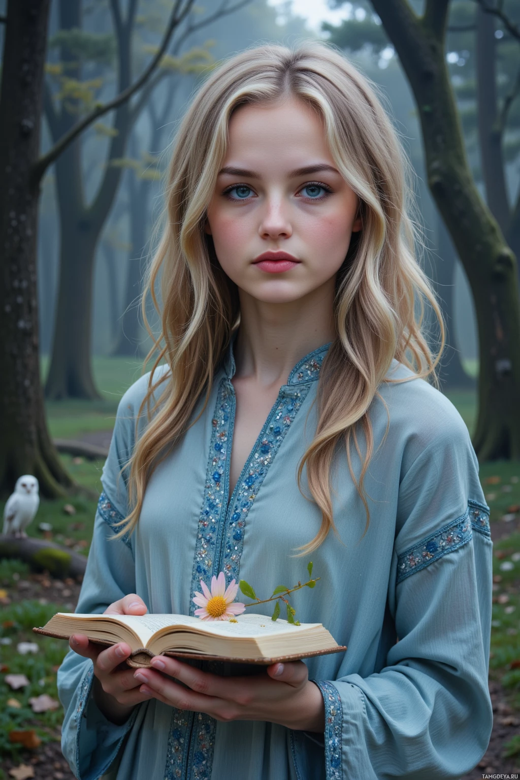 Молодая женщина с длинными светлыми волосами держит раскрытую книгу и розовый цветок в руках, стоя на фоне туманного леса.