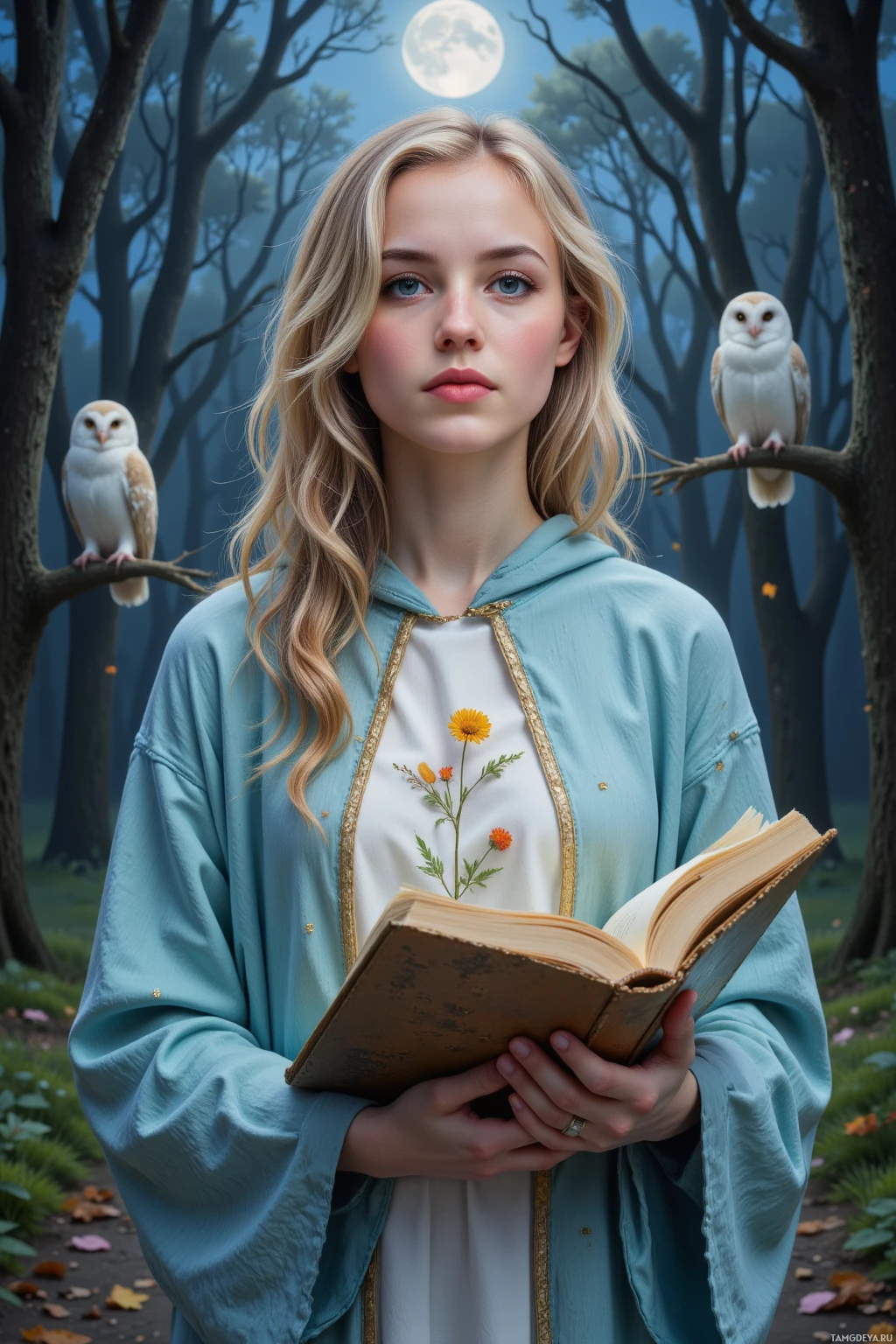 Молодая женщина стоит в лесу, держа в руках раскрытую книгу, а на ветке за ее спиной сидит сова.