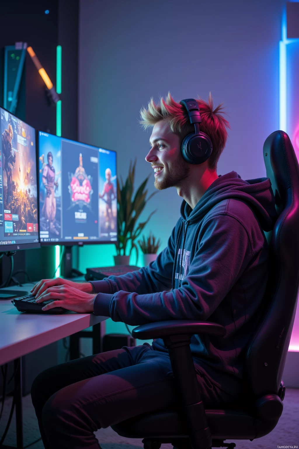 Человек сидит в игровом кресле, с наушниками и играет в видеоигру на компьютере с двумя мониторами.