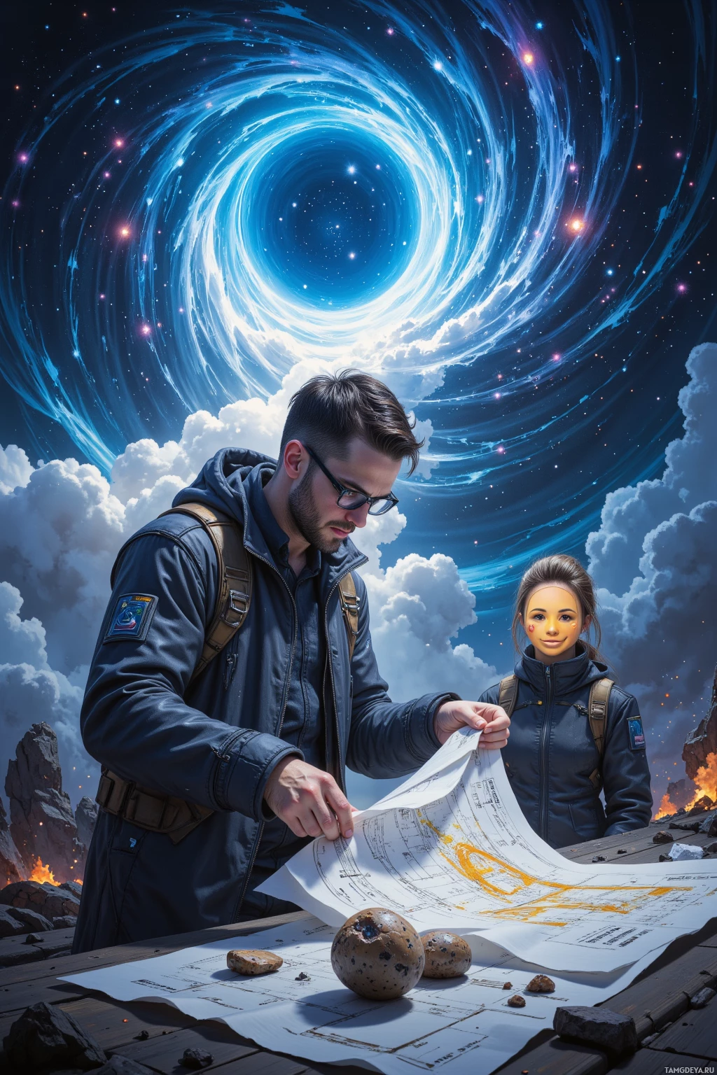 Два человека в скафандрах изучают карту и камни на фоне космического пейзажа.