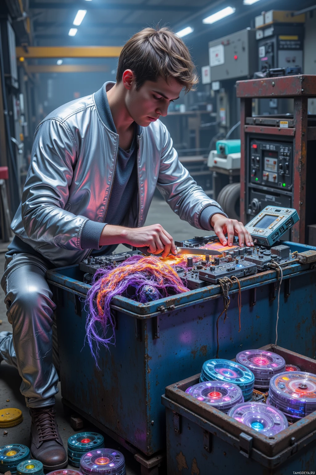 В полумраке мастерской человек в металлической куртке работает над сложной электронной системой со светящимися элементами.