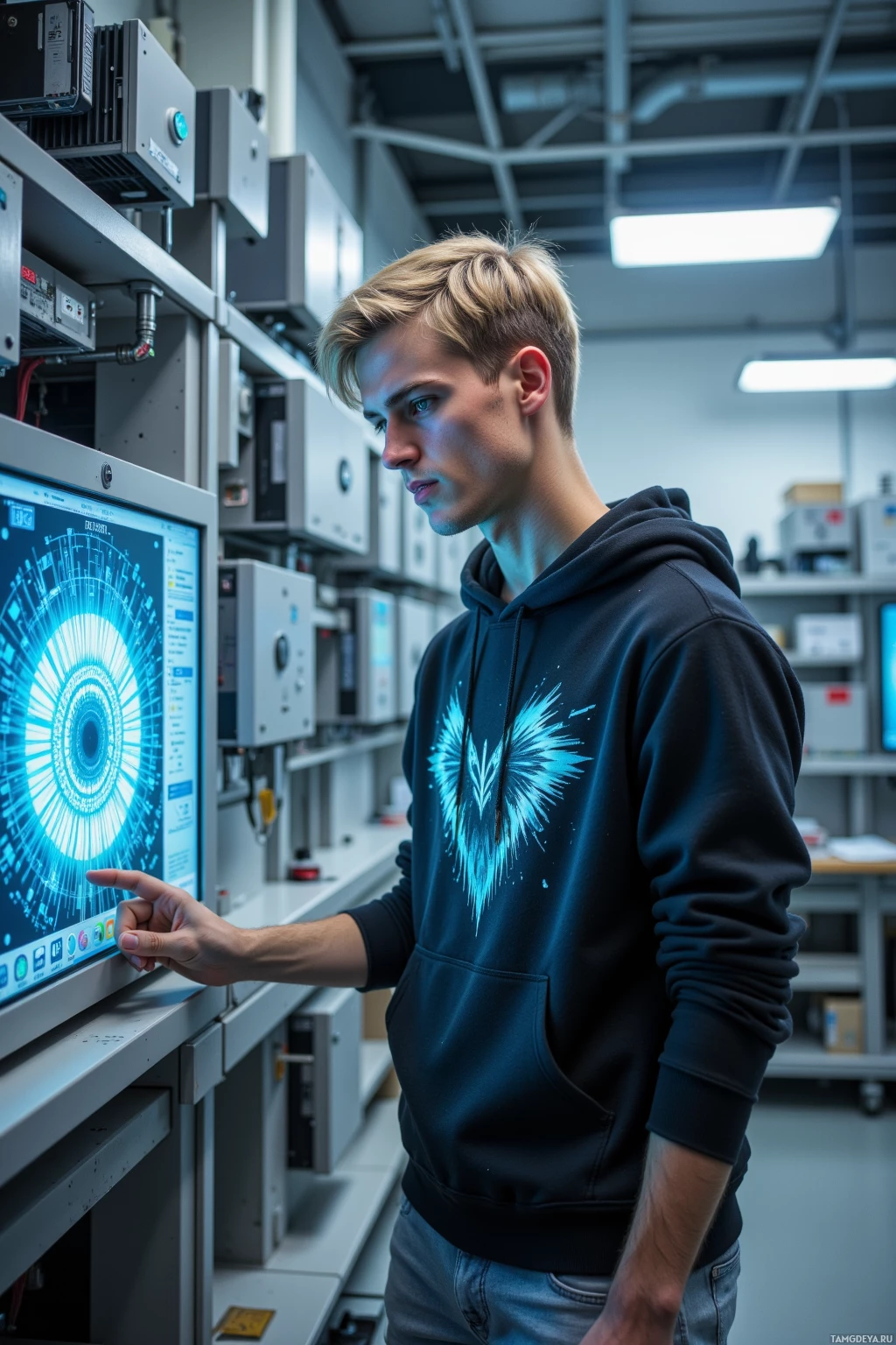 Человек в толстовке стоит в лаборатории, работая с компьютером, на экране которого отображается круговой интерфейс.