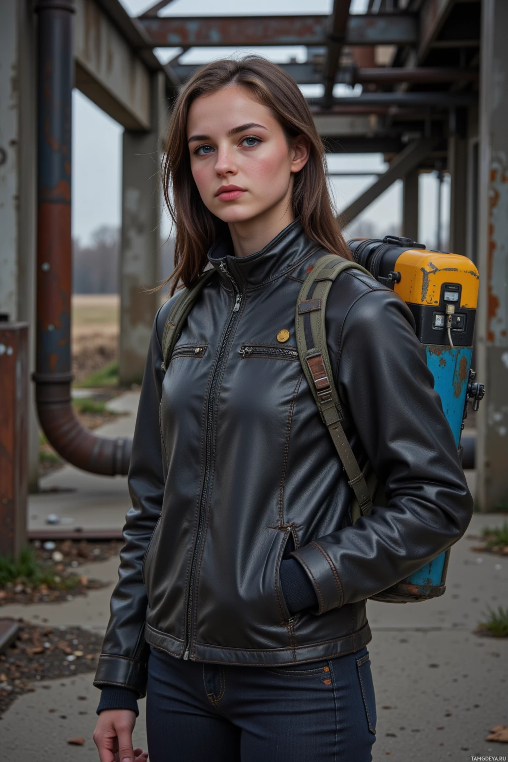 Человек в кожаной куртке и с рюкзаком стоит на фоне промышленного пейзажа.