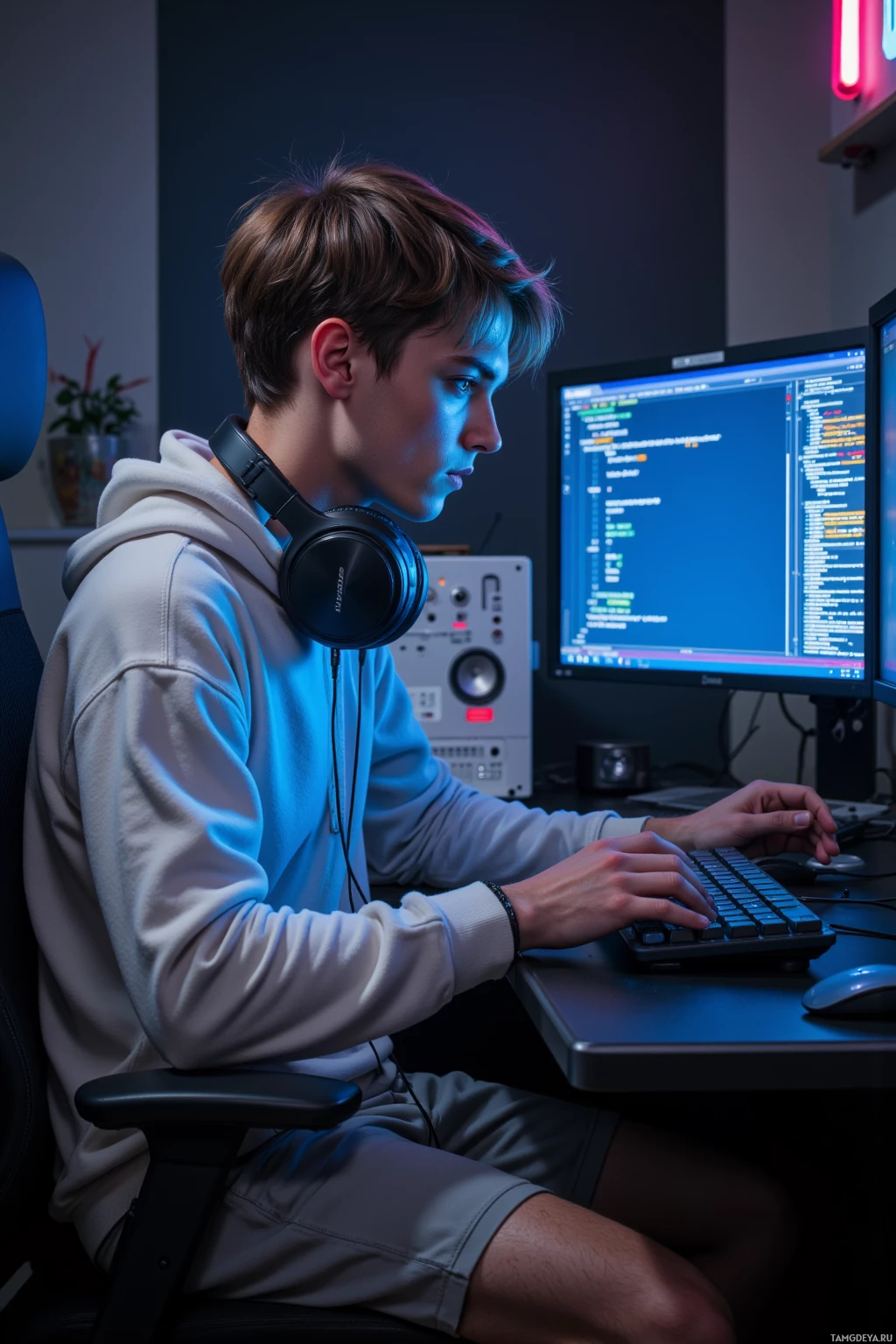 Человек в наушниках работает за компьютером в полумраке.