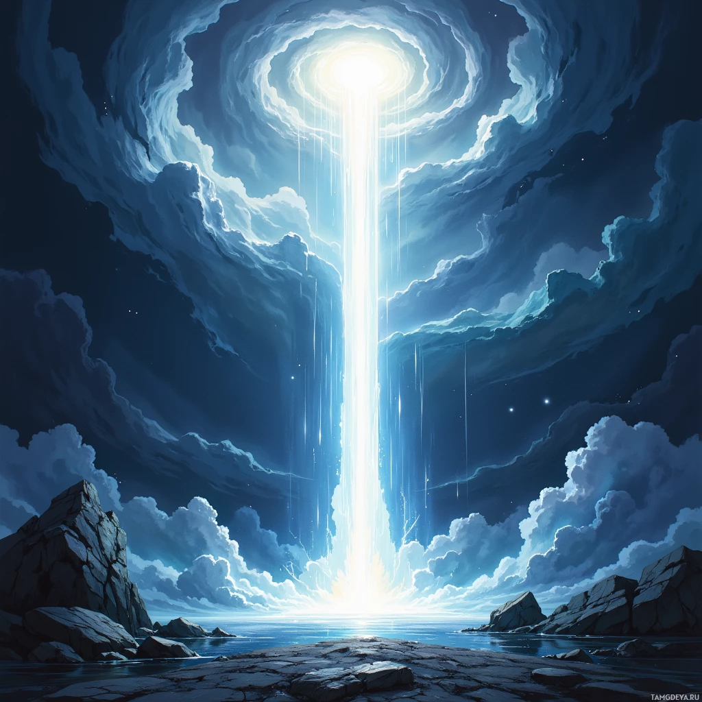 Сияющий портал в небе, излучающий свет на каменистую местность и водную гладь.