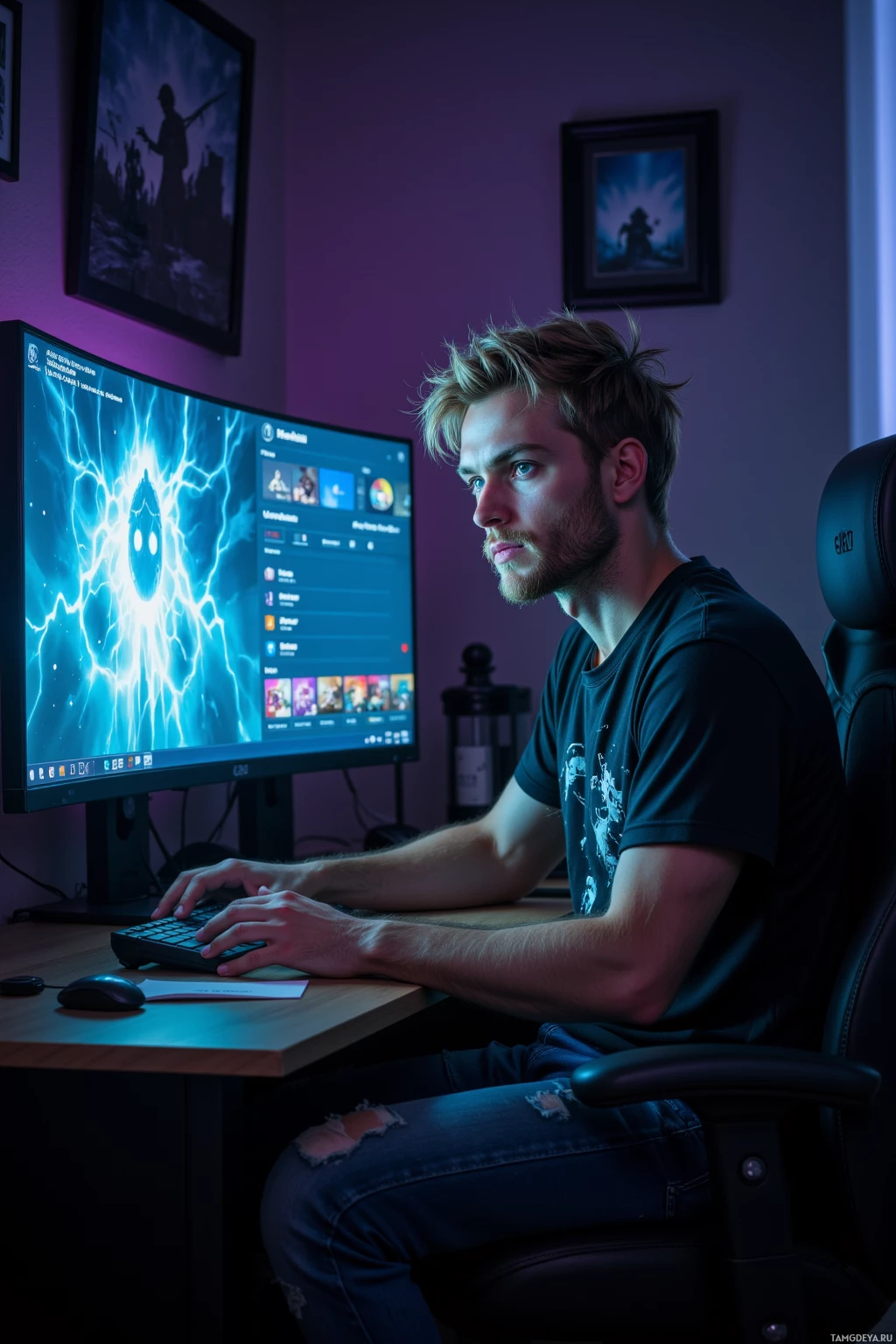 Человек сидит за столом в полумраке, работая за компьютером с светящимся экраном.