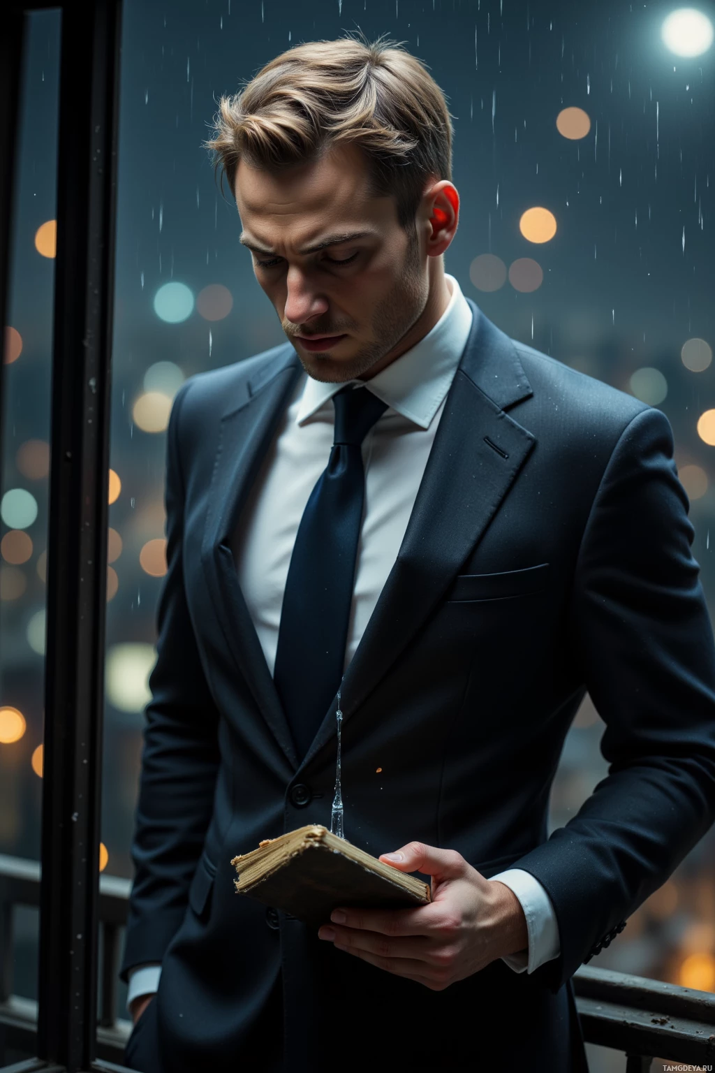 Мужчина в костюме стоит у окна, держа в руках старинную книгу, за окном моросит, а вдали мерцают огни города.