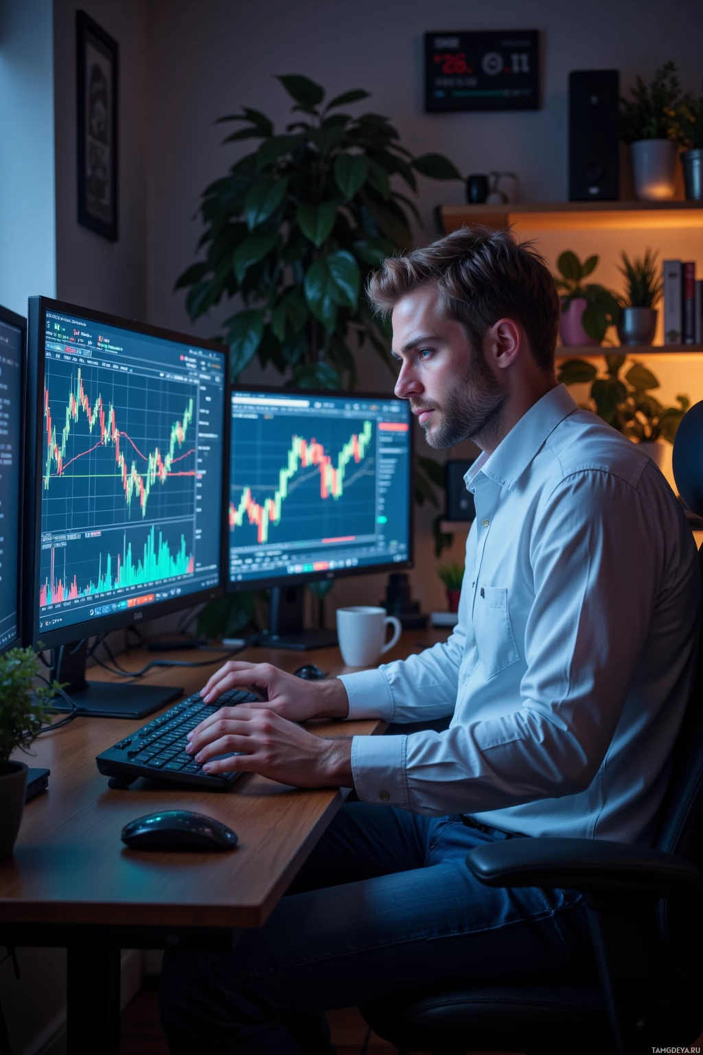Человек работает за столом, на нескольких мониторах которого отображаются графики фондового рынка.