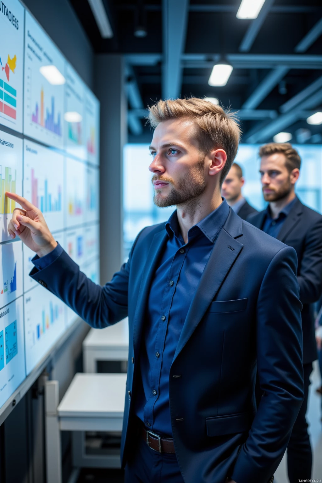 Мужчина в костюме указывает на цифровой информационный экран в современном офисном помещении.