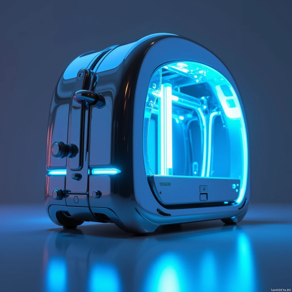 Футуристическое металлическое устройство со светящейся синей начинкой и элегантным дизайном.