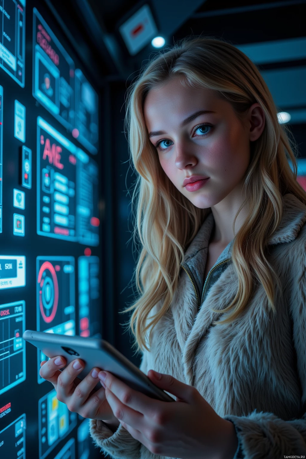 Женщина с длинными светлыми волосами, одетая в шубу, держит планшет перед стеной светящихся экранов.