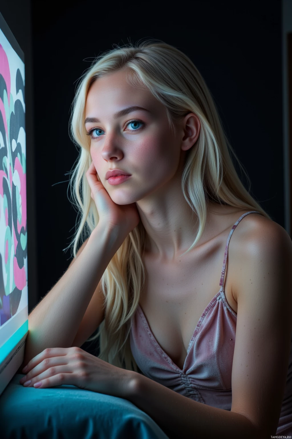 Женщина с светлыми волосами в розовой блузке, облокотившаяся подпиранием подбородка рукой.