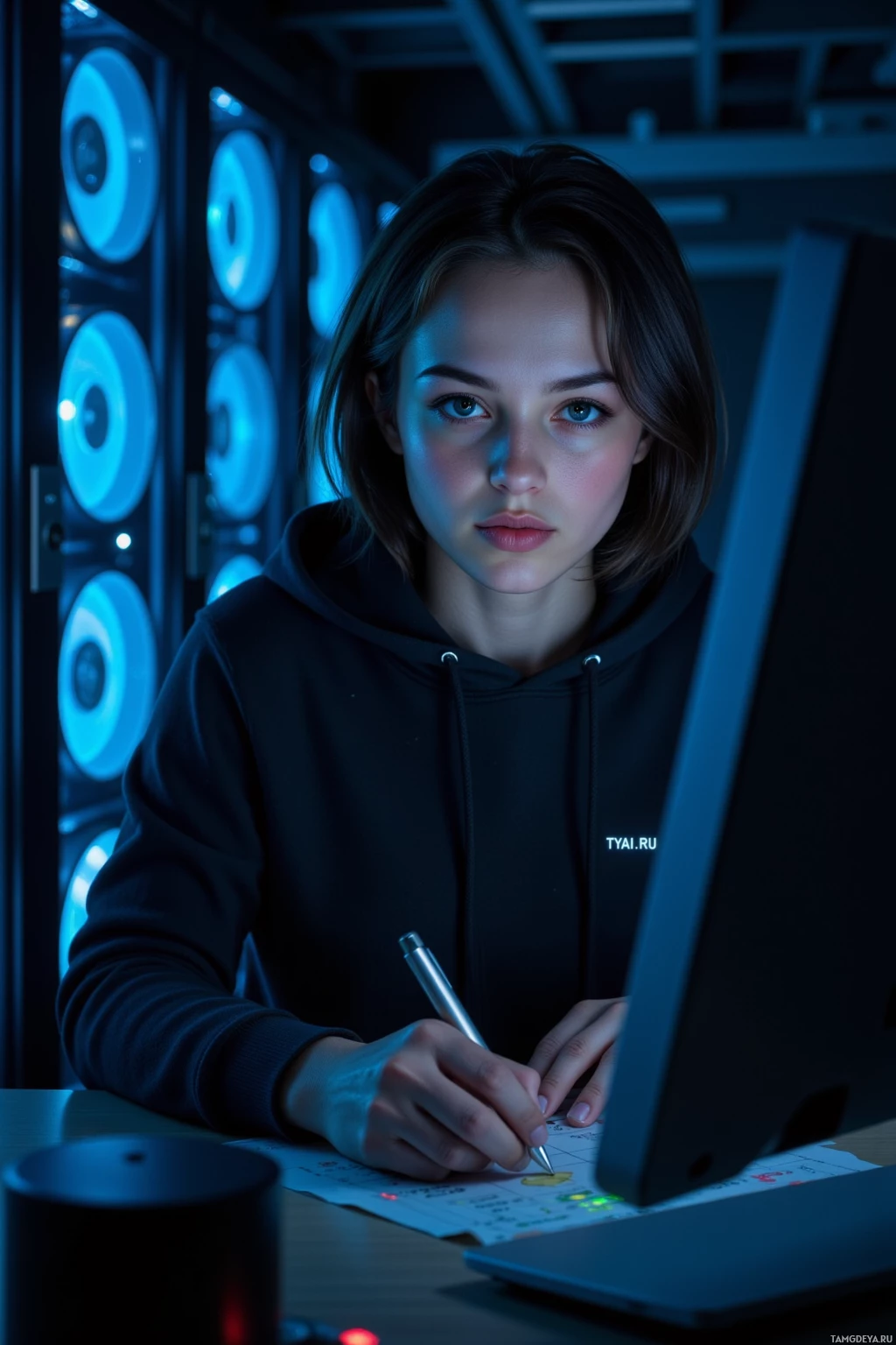 Человек в толстовке пишет на календаре в полумраке, освещенном синим светом.