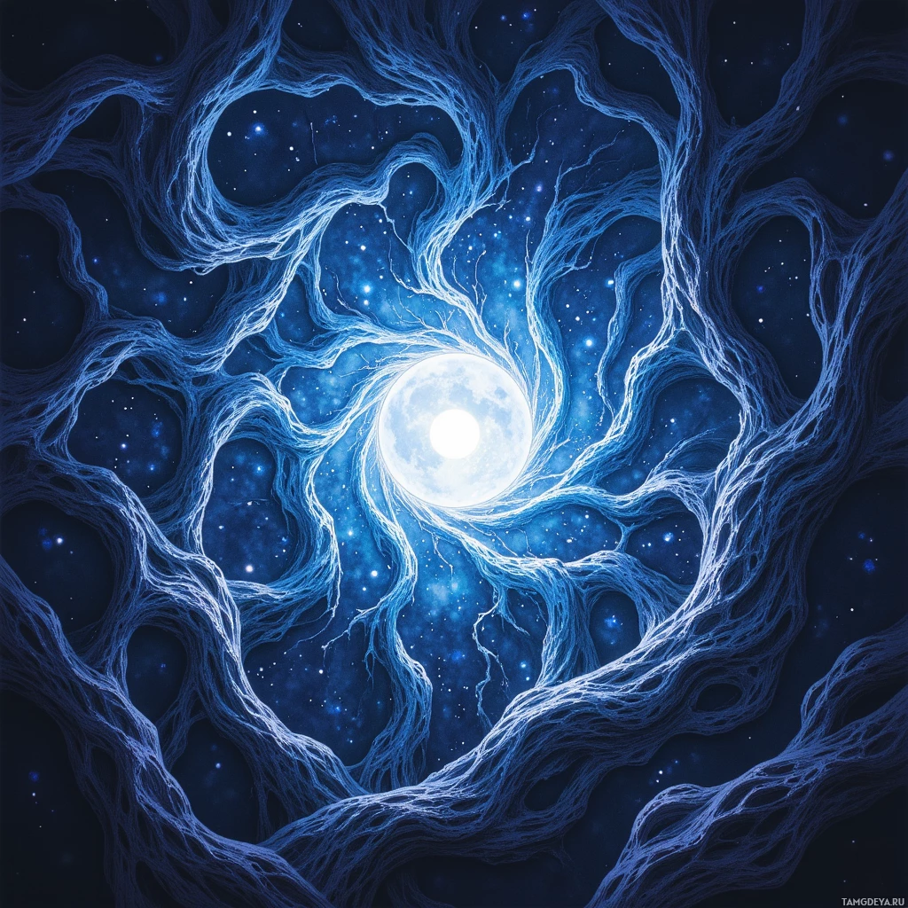 Космическая сцена с сиянием луны, окутанной сложной, паутиной из структур, на фоне звездного ночного неба.