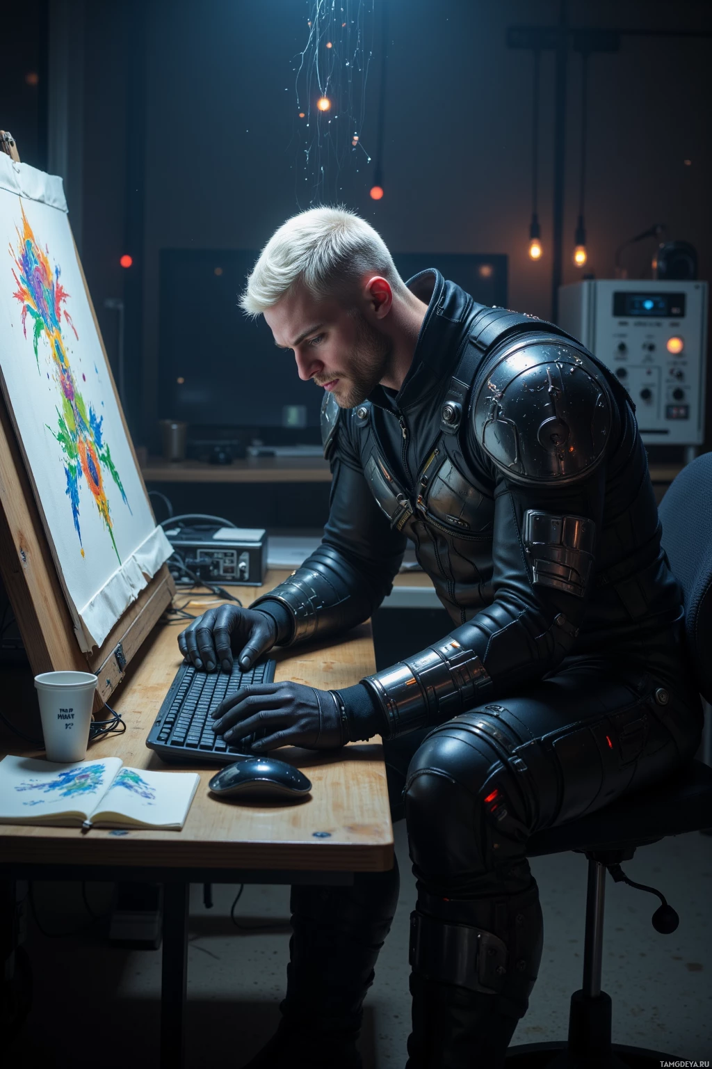 В полумраке комнаты человек в футуристической броне работает за компьютером.