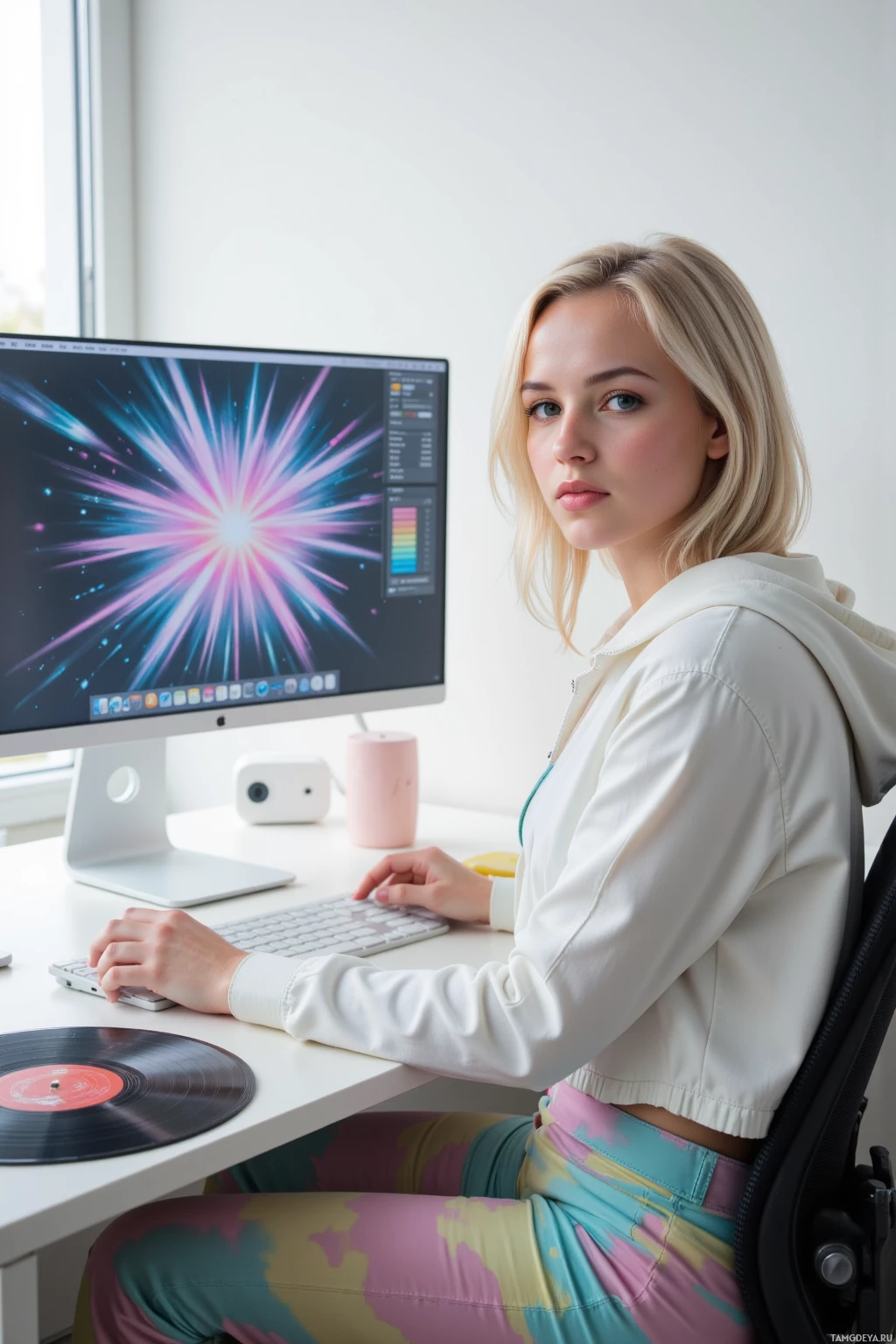 Человек сидит за столом с компьютером, одетый в белую куртку и яркие брюки.