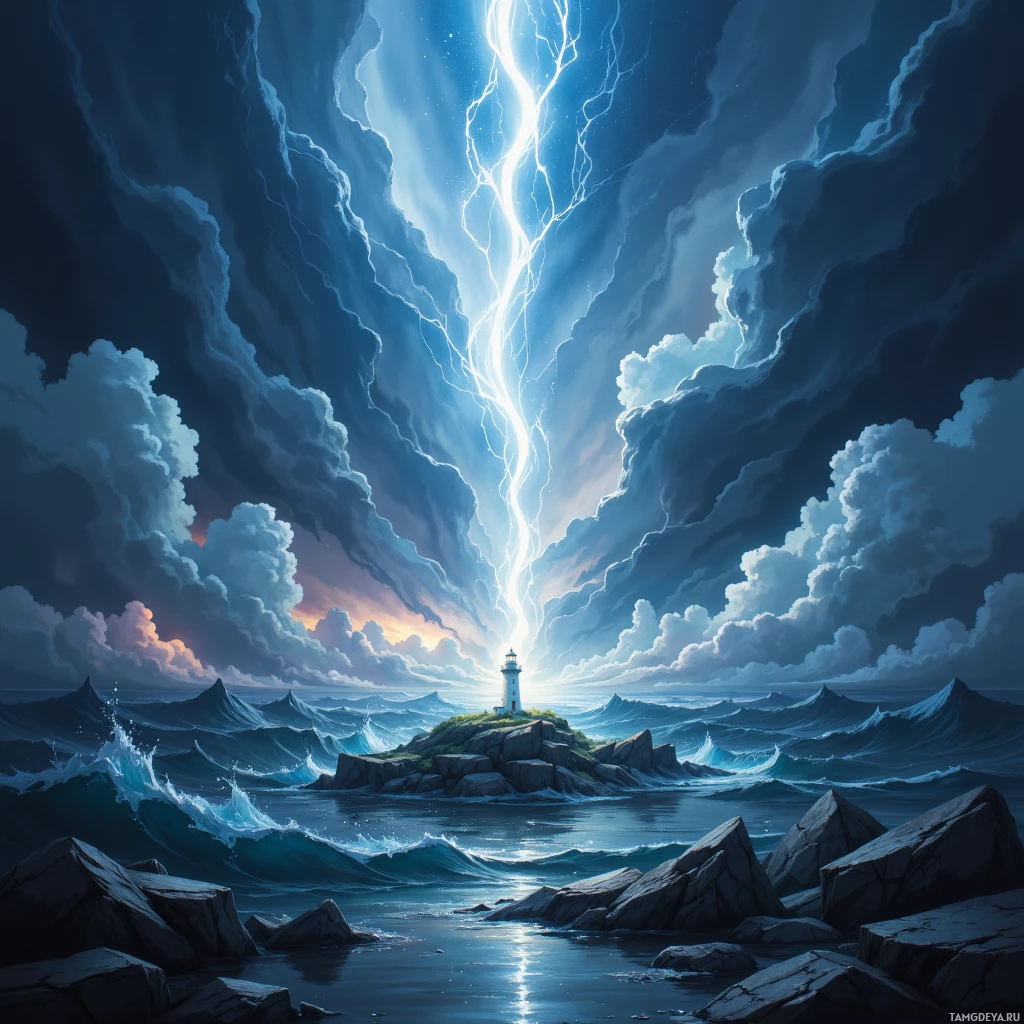 Захватывающая ночная сцена: маяк на скалистом острове, окружённом бурными волнами под грозовым небом, освещённым молниями.