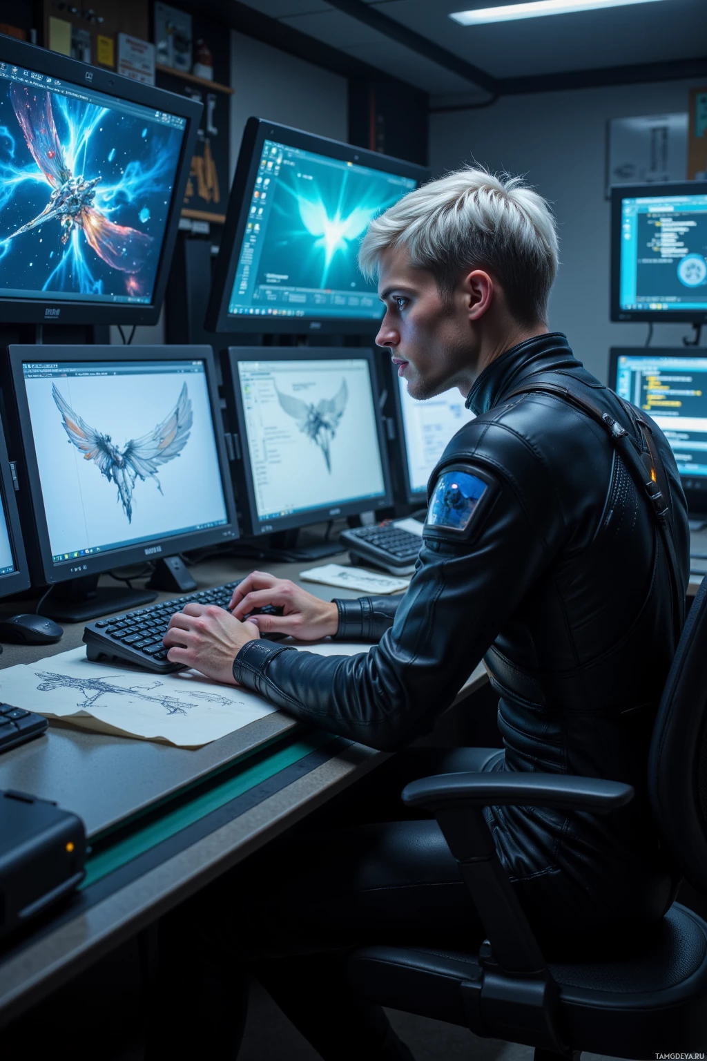 Человек в кожаной куртке работает за столом, на нескольких мониторах которого отображается цифровая графика.