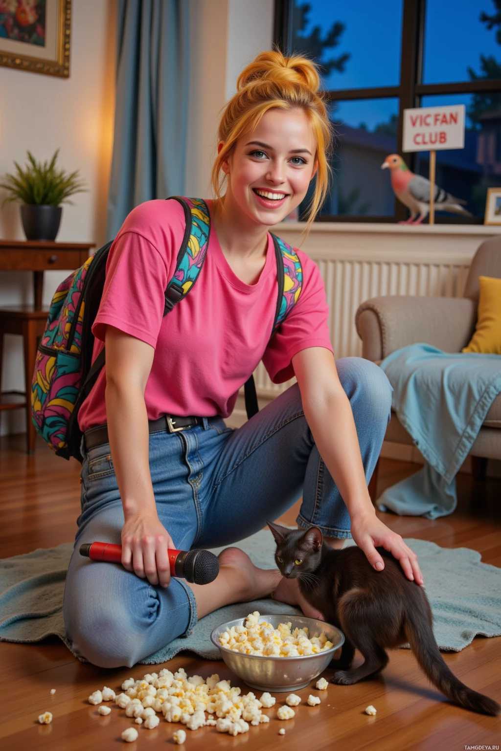 Молодая женщина сидит на полу, держа в руках микрофон и гладя кошку, рядом с ней миска попкорна.