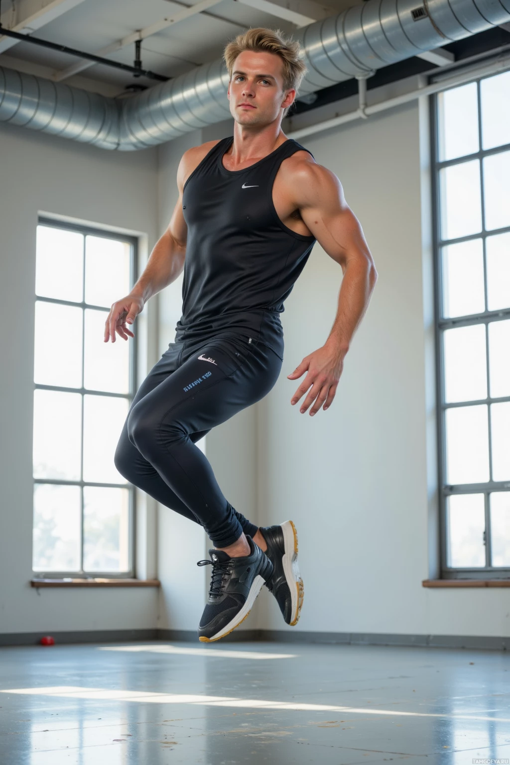 Мужчина в спортивной одежде запечатлен в прыжке на светлом, просторном помещении.