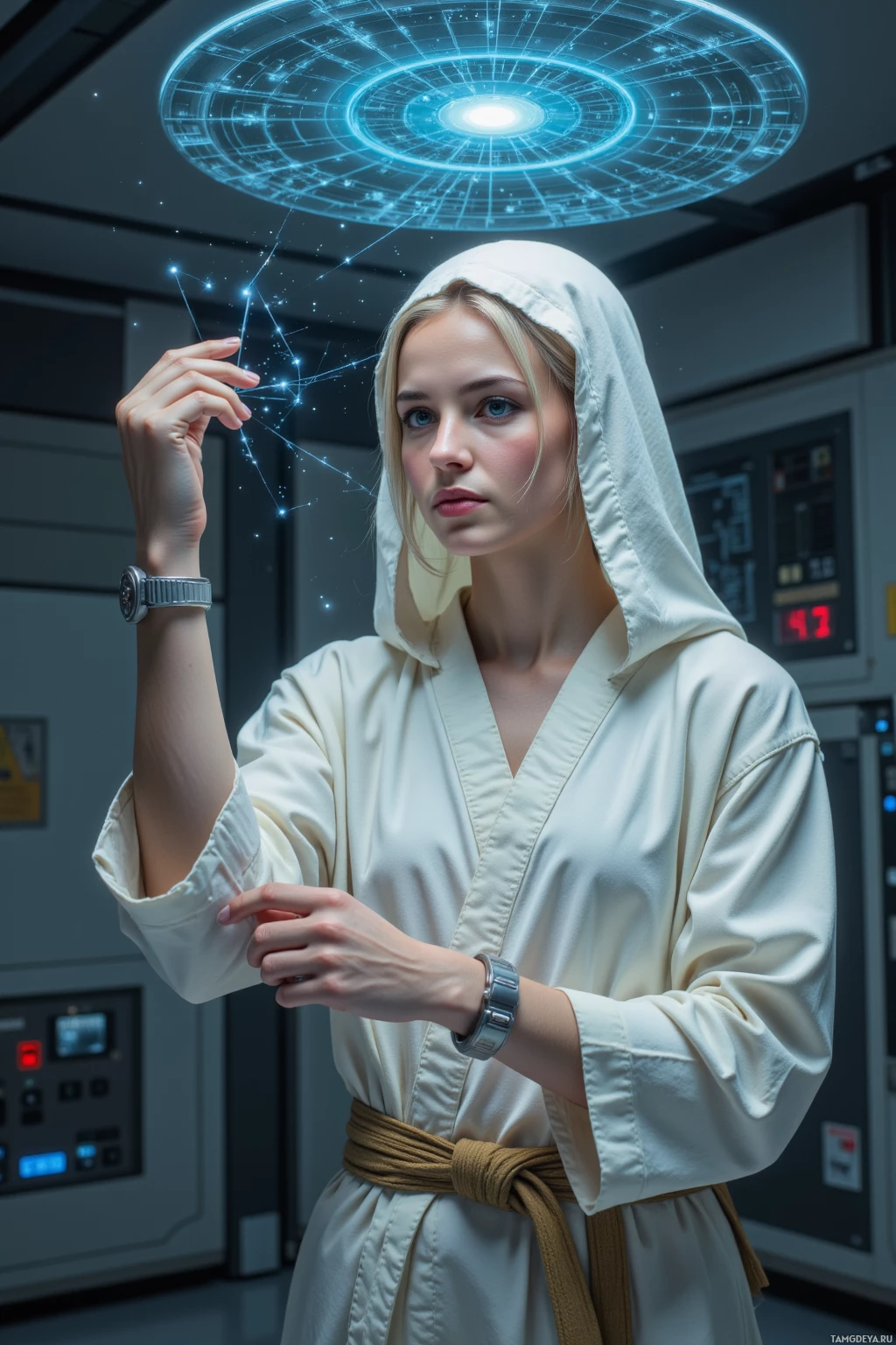 В белом халате стоит человек в футуристической обстановке, взаимодействуя с светящейся круглой панелью над собой.