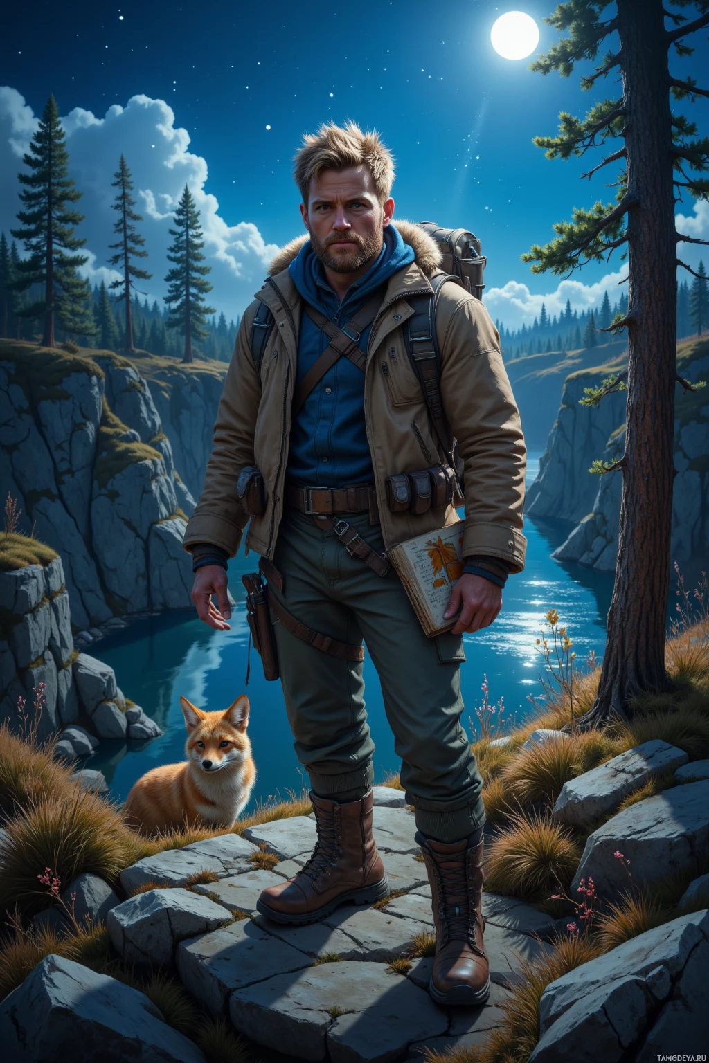 Мужчина стоит на каменистой тропинке у тихого озера, держа в руках книгу, а неподалёку, под звёздным небом, сидит лиса.