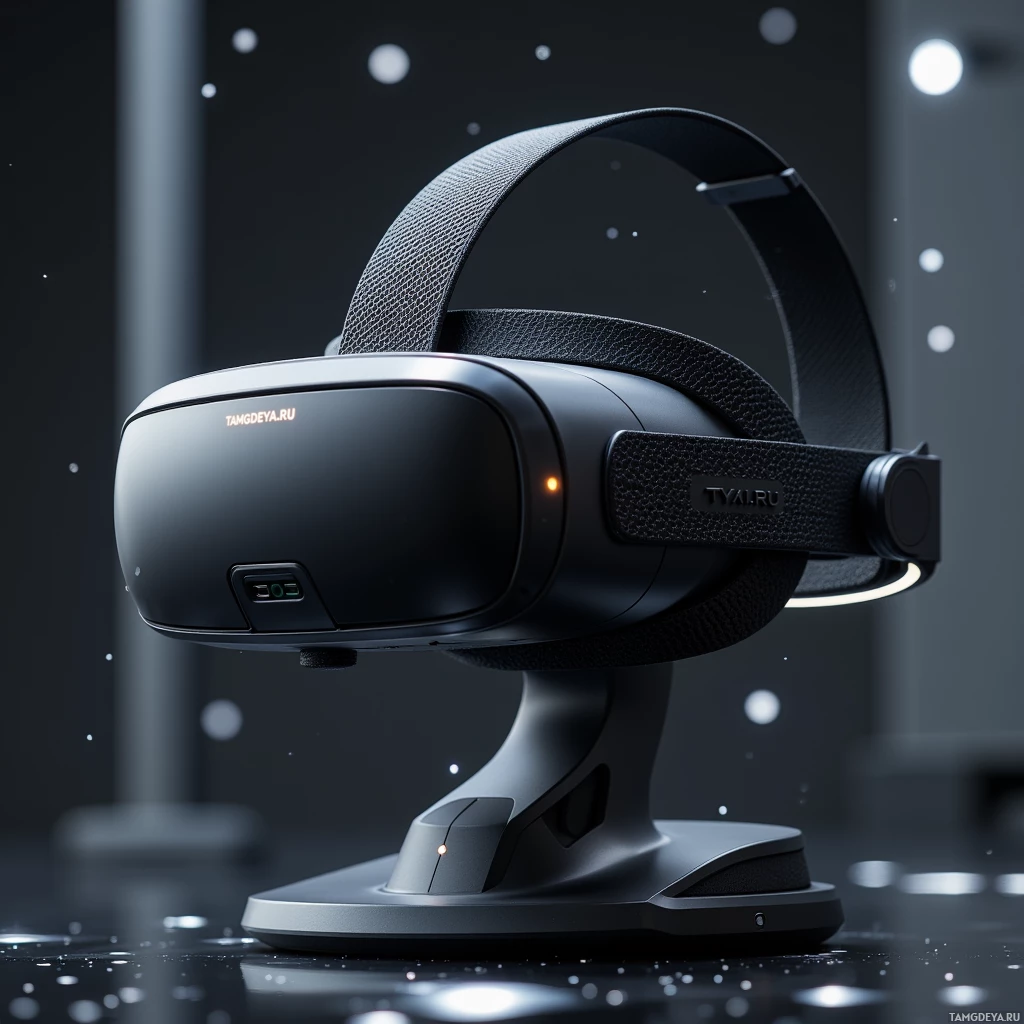 На темном, звездном фоне выставлен изящный черный VR-шлем на подставке.