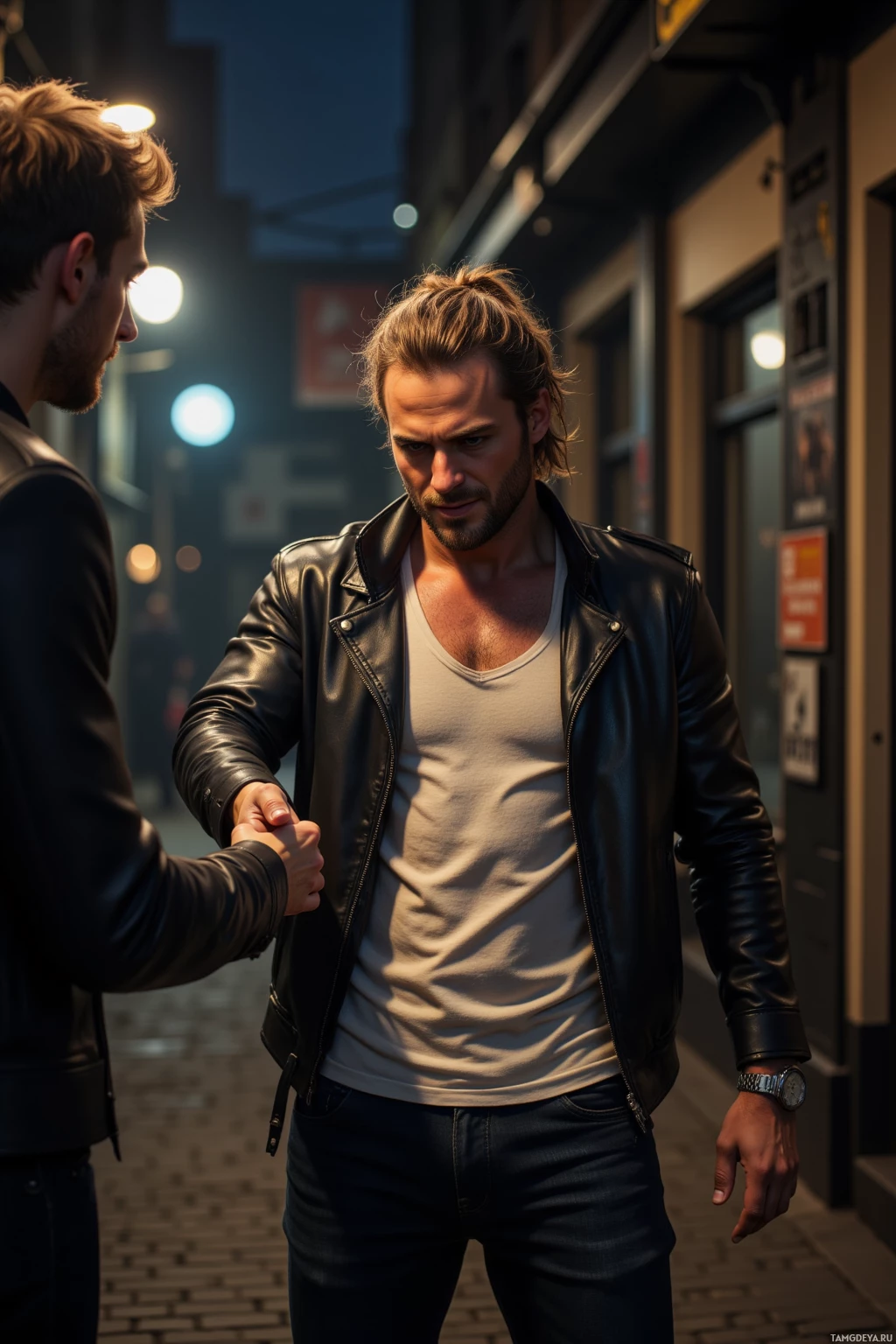 В полумраке переулка двое мужчин пожимают друг другу руки.