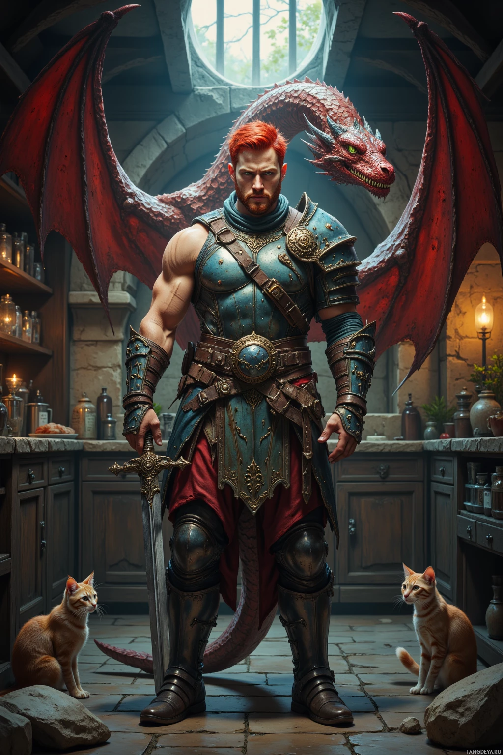 Воин в богато украшенных доспехах стоит в полумраке комнаты, рядом с ним — дракон и кошка.