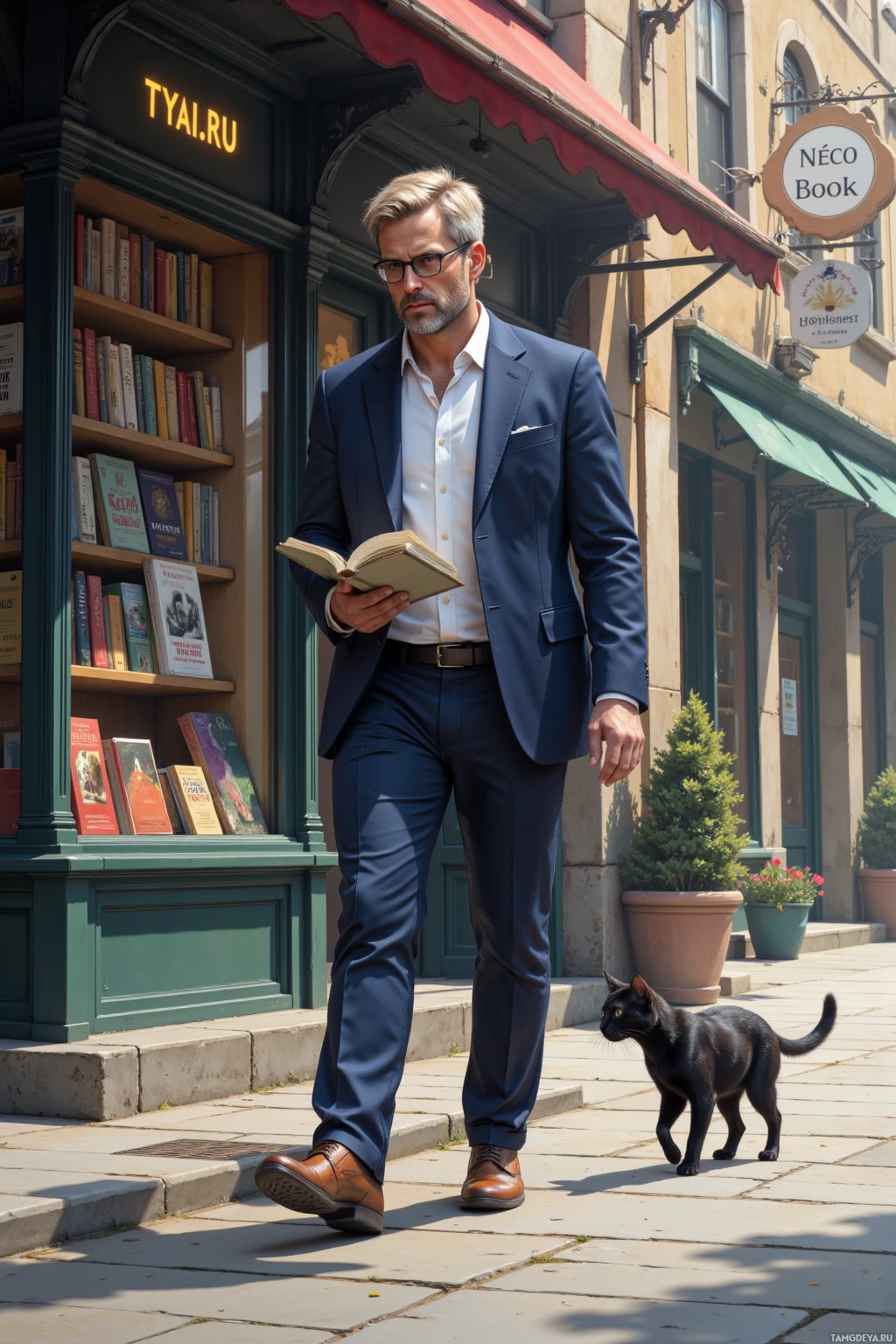 Мужчина в костюме проходит мимо книжного магазина, рядом с ним – кошка.
