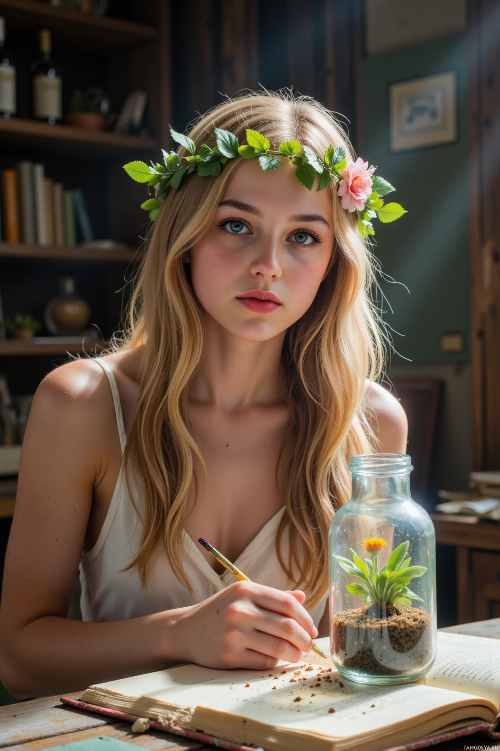 Realistic high quality photo. Young woman, 22, long flowing blonde hair, big bright blue eyes, wearing a simple white sundress and a flower crown, gentle features glowing, sketching curling vines in a dusty attic bathed in flickering light like a shy firefly, holding a tiny terrarium where a droplet of sap has settled, surrounded by fresh soil, old pages, and soft warm glow.