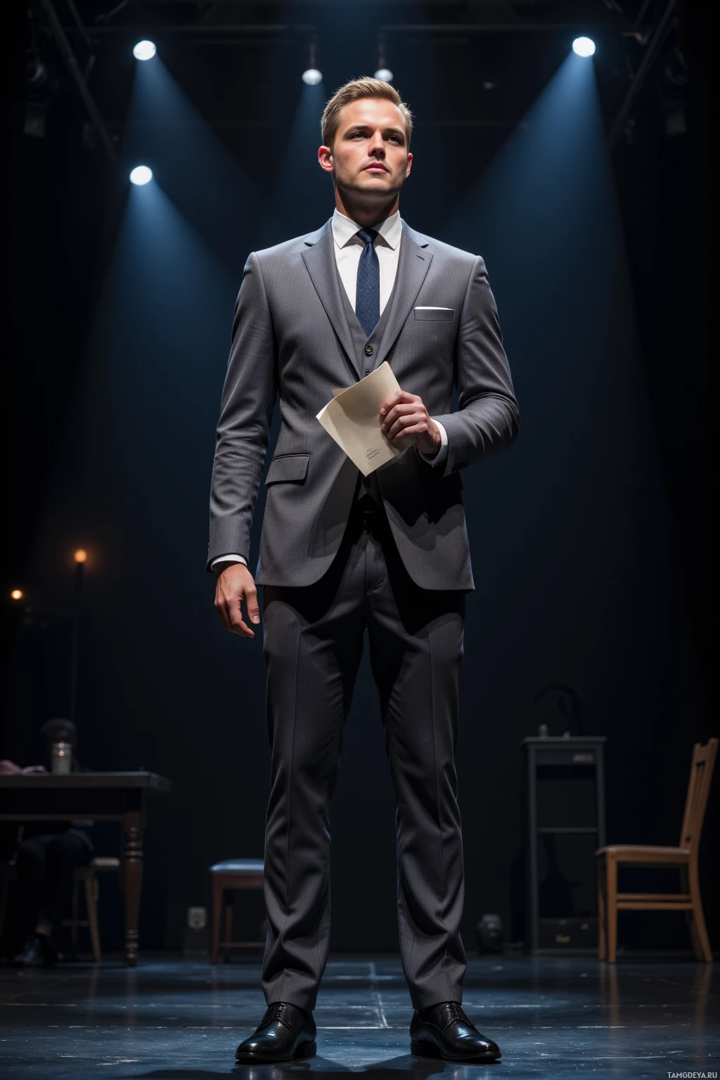 Мужчина в сером костюме стоит на сцене под прожекторами, держа в руках листок бумаги.