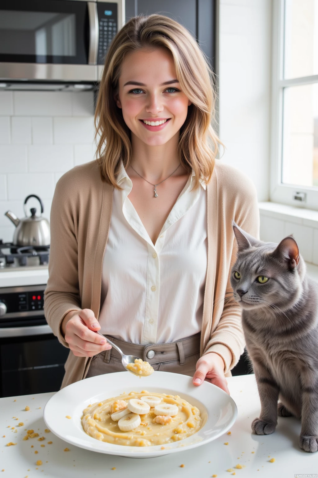 Женщина на кухне подает кашу с ломтиками банана, рядом с ней – кошка.