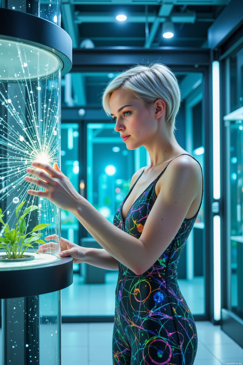 Женщина в ярком платье взаимодействует с сияющей, футуристической инсталляцией из растений в современном интерьере.