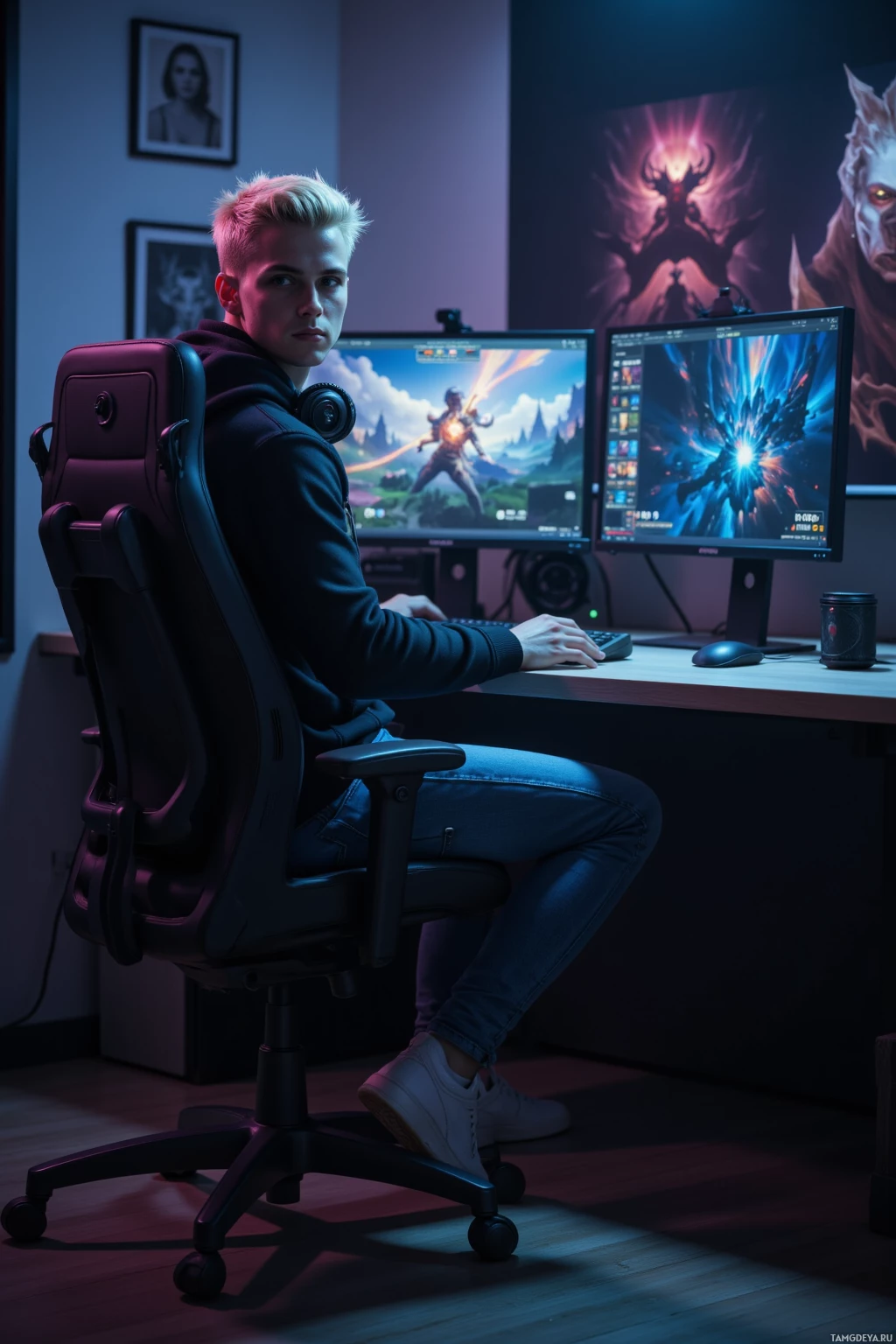 Realistic high quality photo. Tall athletic 21‑year‑old man with short blonde hair, bright blue eyes, fair skin, strong jawline and prominent nose, wearing a black hoodie, denim jeans, white sneakers and headphones draped around his neck, seated at a modern gaming desk in a dimly lit room, dual monitors showing a League of Legends mid‑lane replay and a streaming interface, relaxed but focused posture, casual gaming chair, soft ambient glow from the screens.