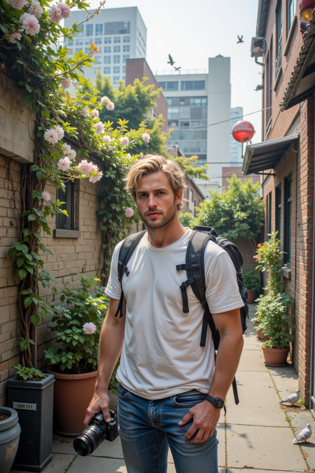 Realistic high quality photo. A 35‑year‑old man with messy blonde hair, bright blue eyes, wearing a plain white t‑shirt, jeans, and a backpack, stands on a small rooftop garden between a laundromat and a bakery, holding a camera, with a sign reading “Hidden Haven: Open 5–11, no entrance fee,” surrounded by jasmine blossoms and pigeons in late‑afternoon light.